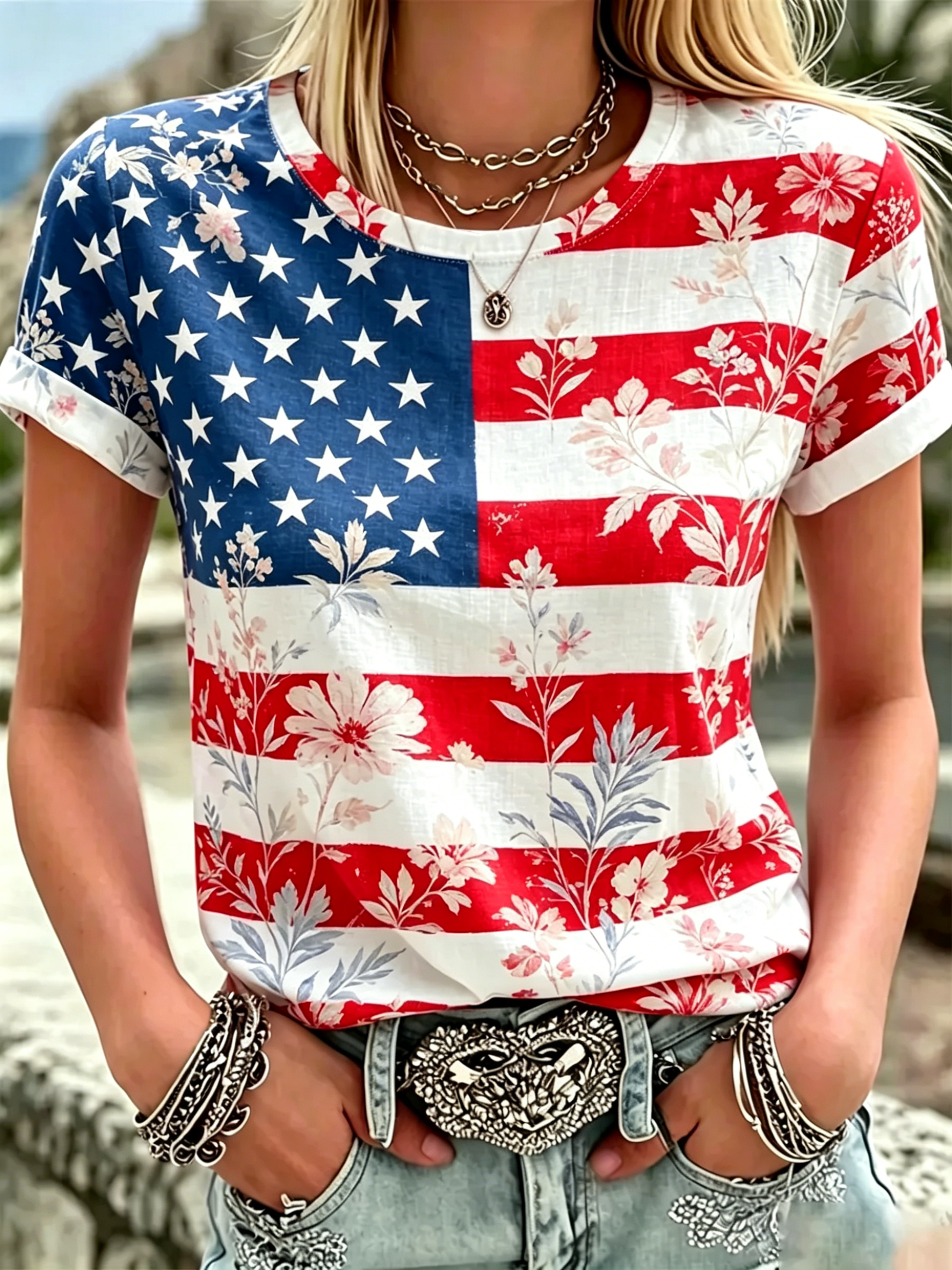 Floral USA Flag Print Roll Cuff Crew Neck T-Shirt for Women