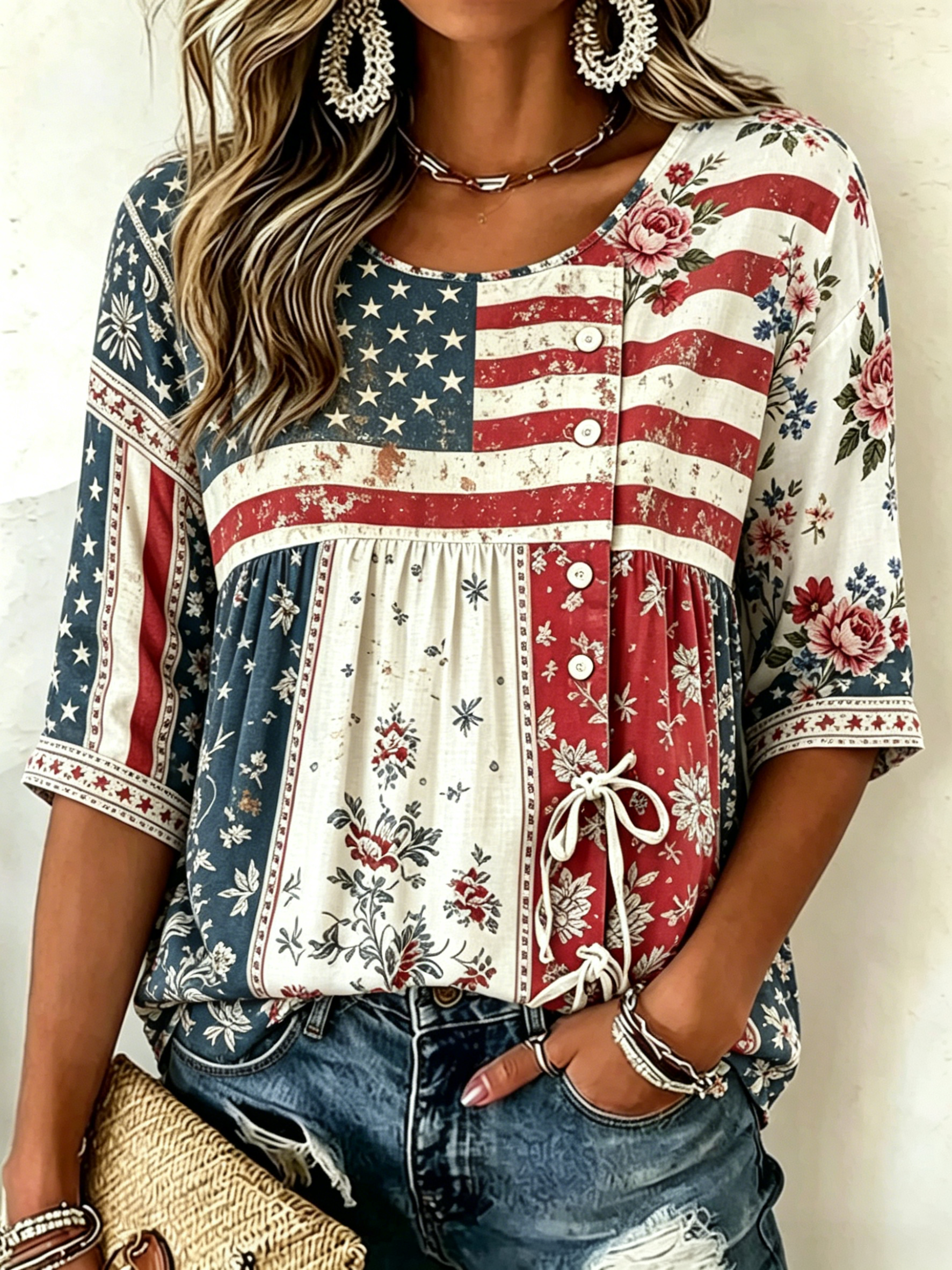 Patchwork Mixed Patriotic Print Half Button 3/4 Sleeve Blouse for Women