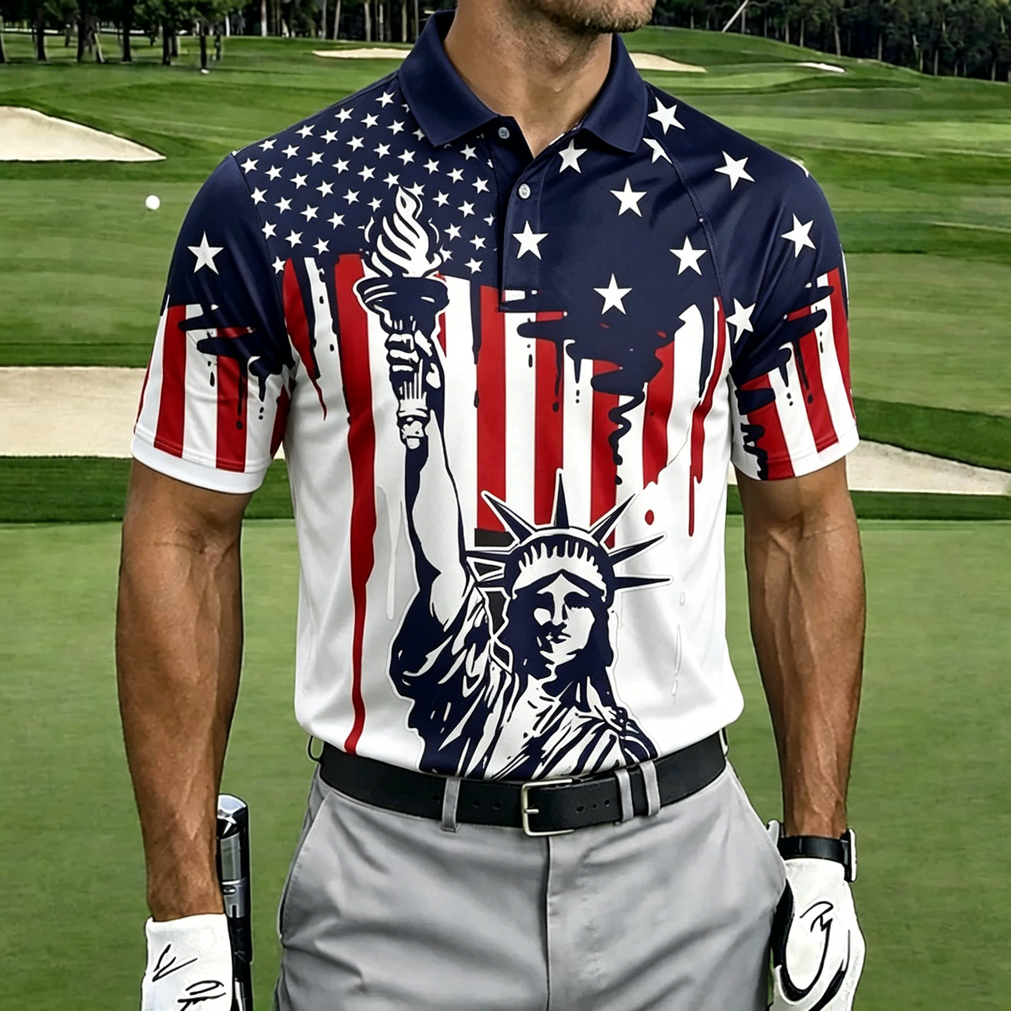 Drip Art Statue Liberty Flag Print Contrast Collar Golf Polo Shirt for Men