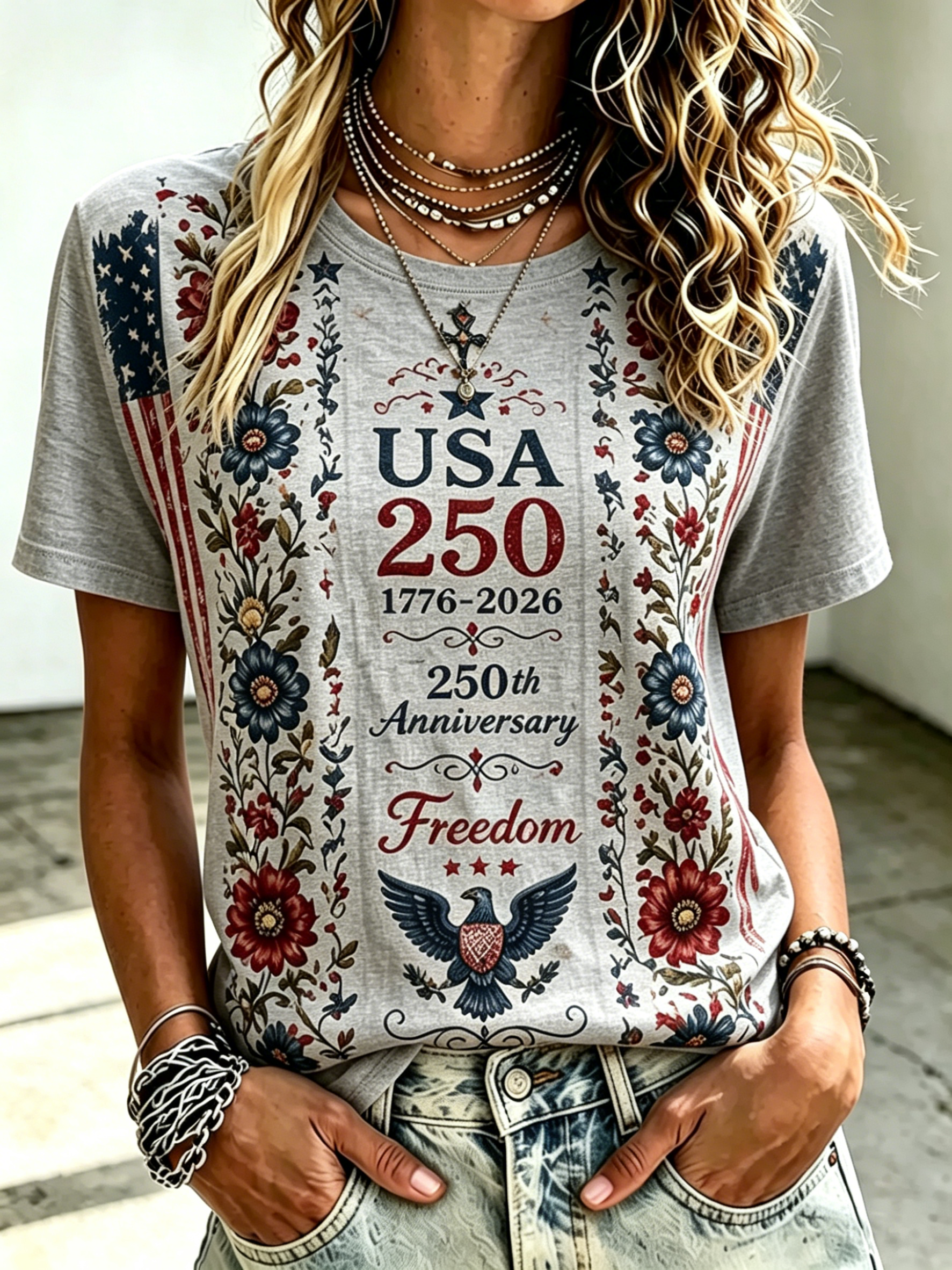 Women’s Retro Floral Vine Vertical Star Flag Eagle Heart Shield Print Crew Neck Short Sleeve Casual Patriotic T-Shirt