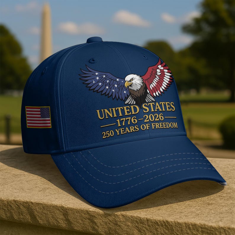 Bald Eagle US Flag 250 Years of Freedom Patriotic Adjustable Navy Cotton Baseball Cap