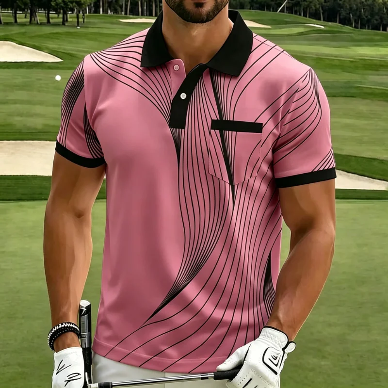 Abstract Line Print Pocket Collared Short Sleeve Golf Polo Shirt for Men