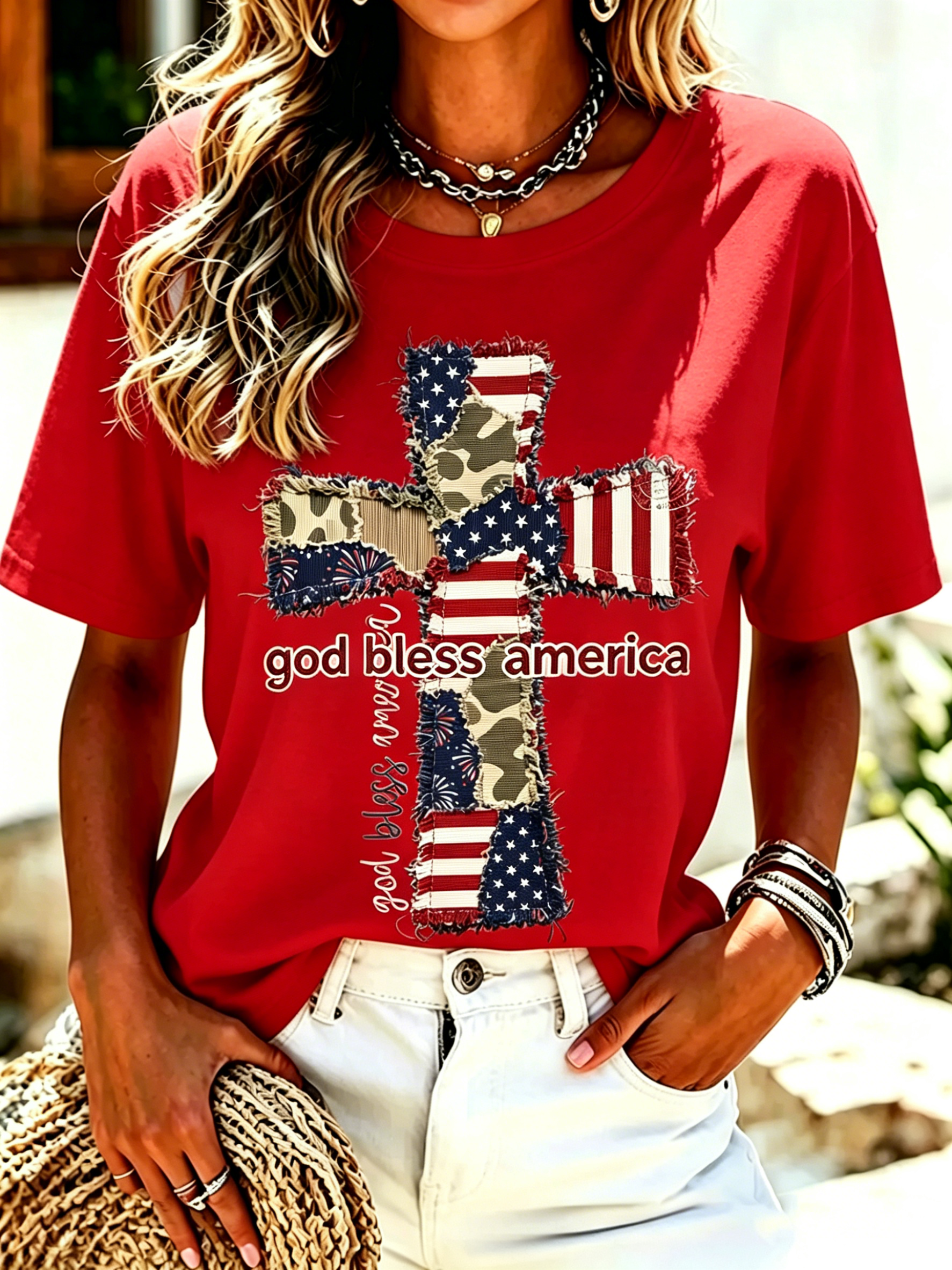 Vintage Frayed Fringe Cross USA Flag Camo Patch God Bless America Print Crew Neck Patriotic Casual Short Sleeve T-Shirt