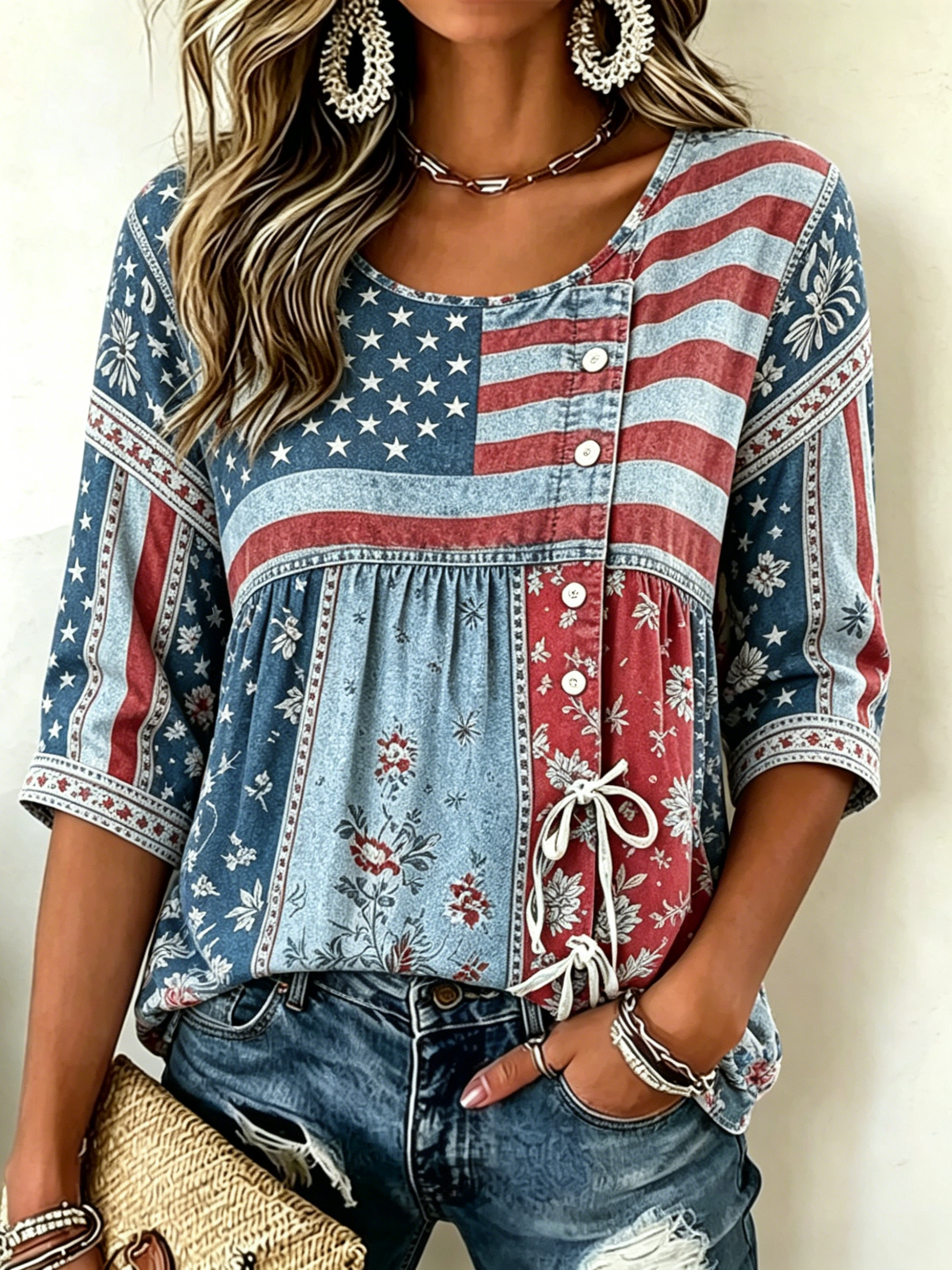 Patchwork Mixed Patriotic Print Half Button 3/4 Sleeve Blouse for Women