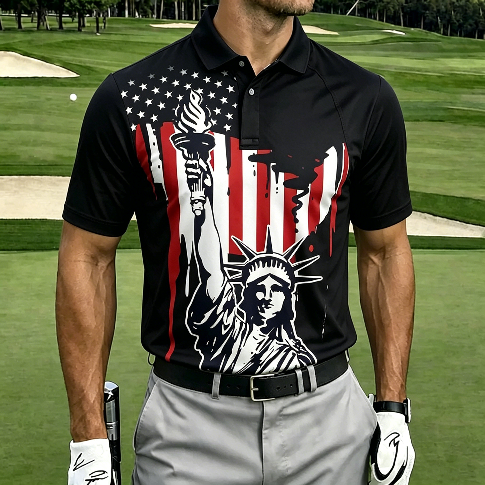 Drip Art Statue Liberty Flag Print Contrast Collar Golf Polo Shirt for Men