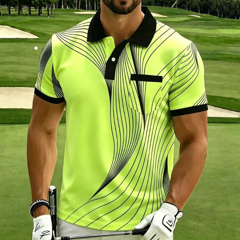 Abstract Line Print Pocket Collared Short Sleeve Golf Polo Shirt for Men