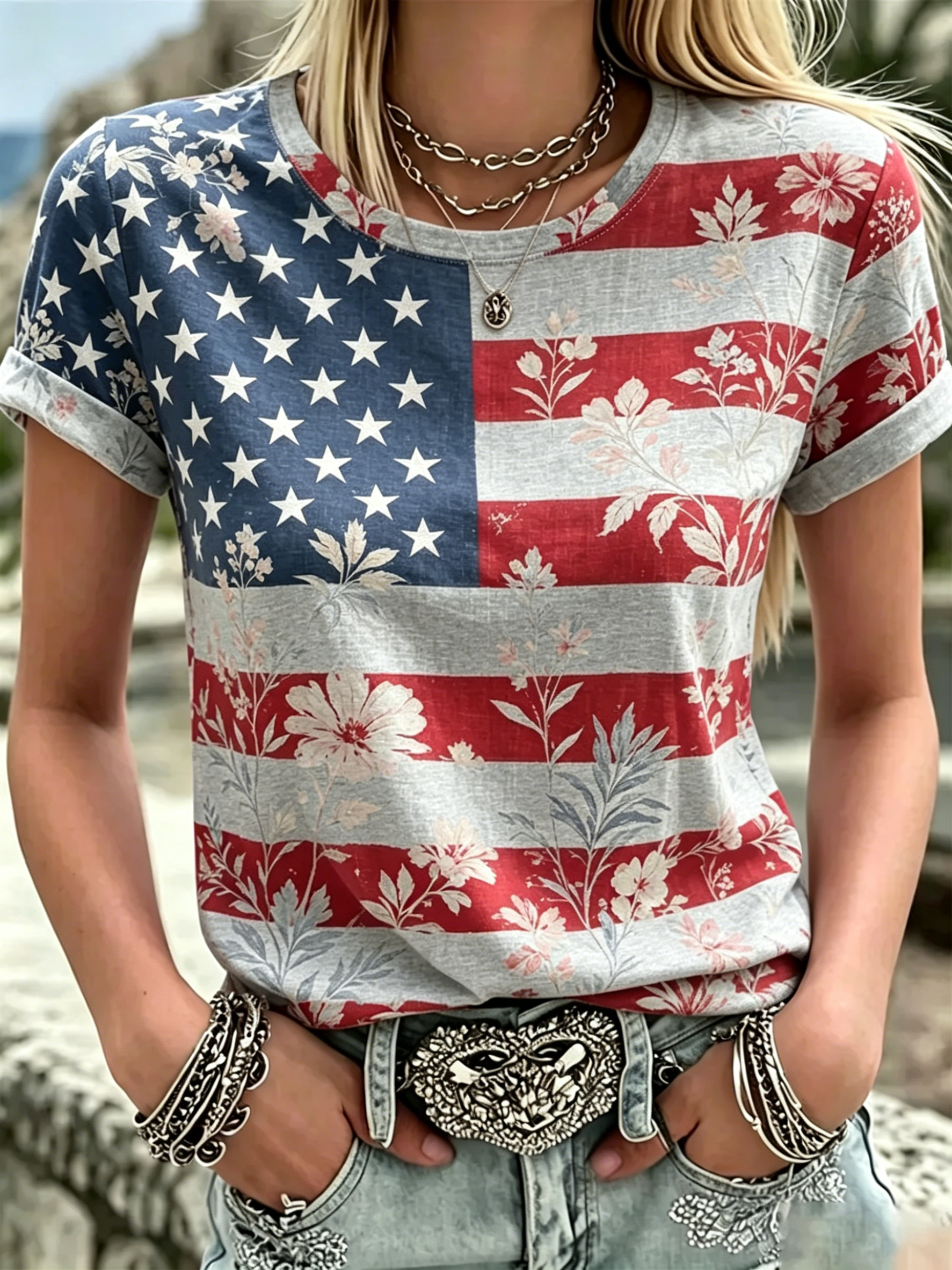 Floral USA Flag Print Roll Cuff Crew Neck T-Shirt for Women