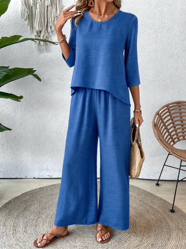 Minimalist Round Neck Three Quarter Sleeve Asymmetrical Hem Textured Top Elastic Waist Wide Leg Pant Two Piece Women Outfit