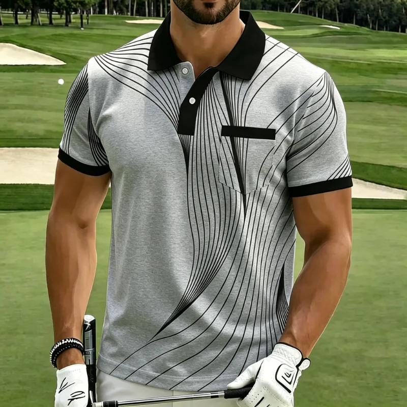 Abstract Line Print Pocket Collared Short Sleeve Golf Polo Shirt for Men