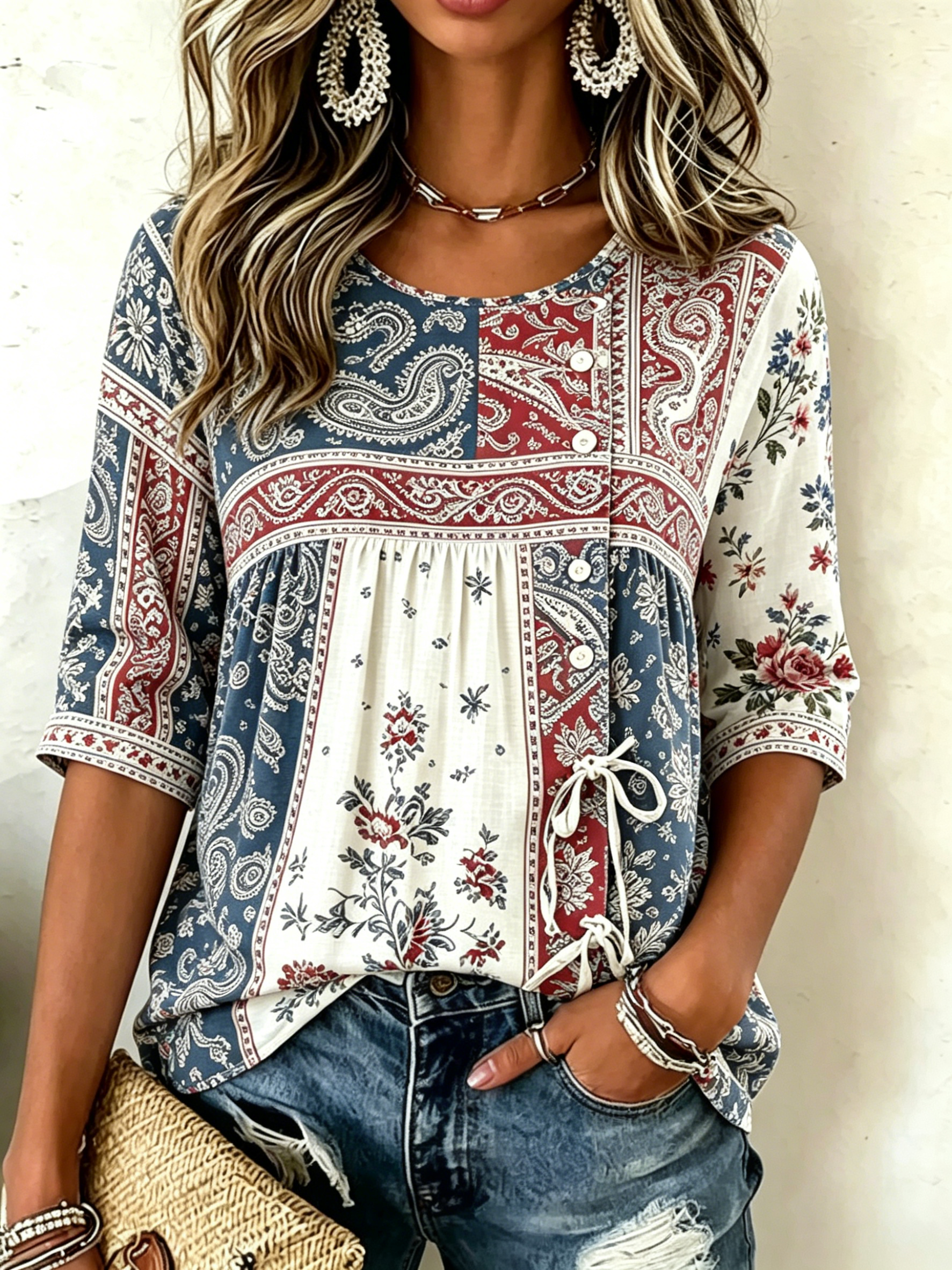 Patchwork Mixed Patriotic Print Half Button 3/4 Sleeve Blouse for Women