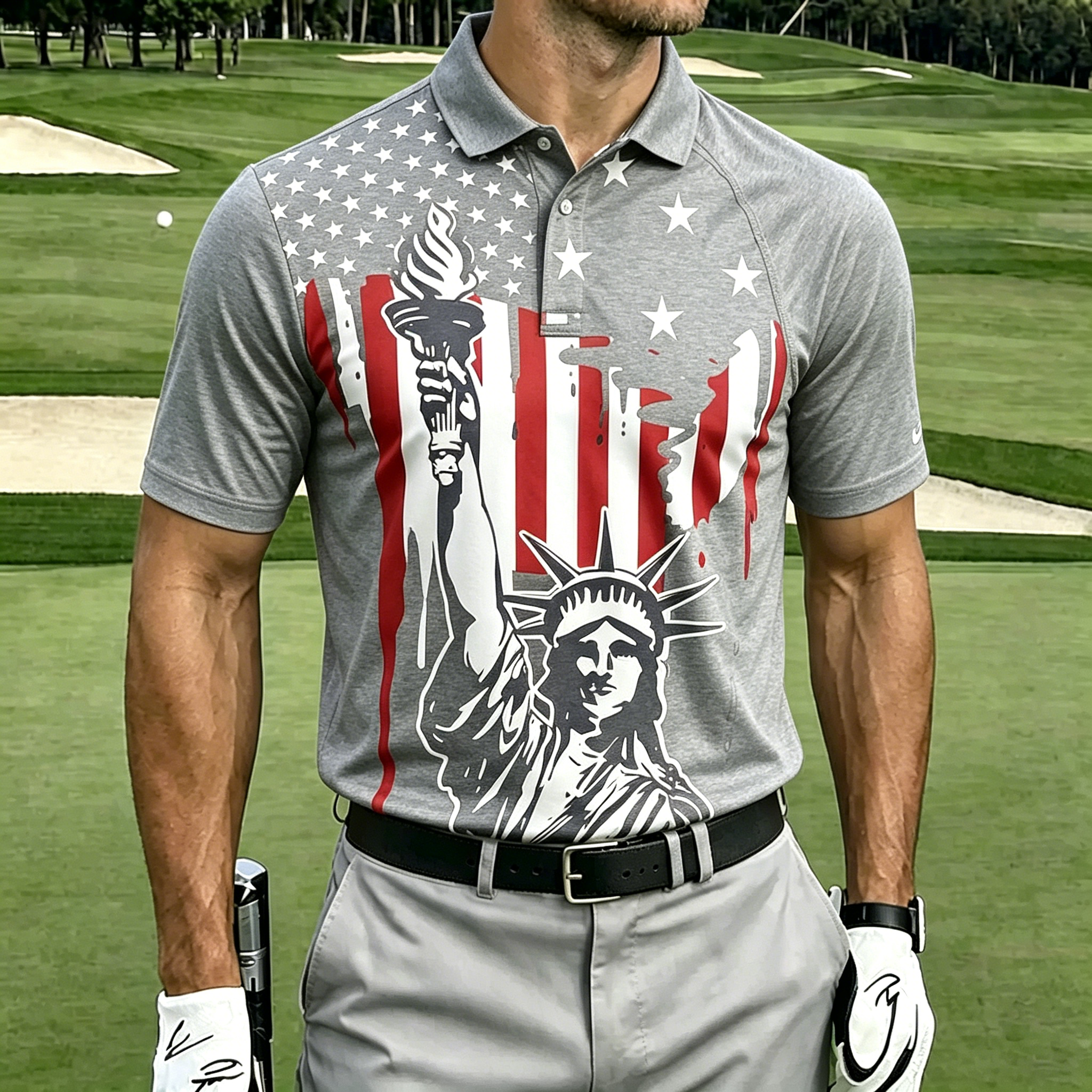 Drip Art Statue Liberty Flag Print Contrast Collar Golf Polo Shirt for Men
