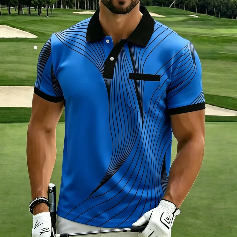 Abstract Line Print Pocket Collared Short Sleeve Golf Polo Shirt for Men