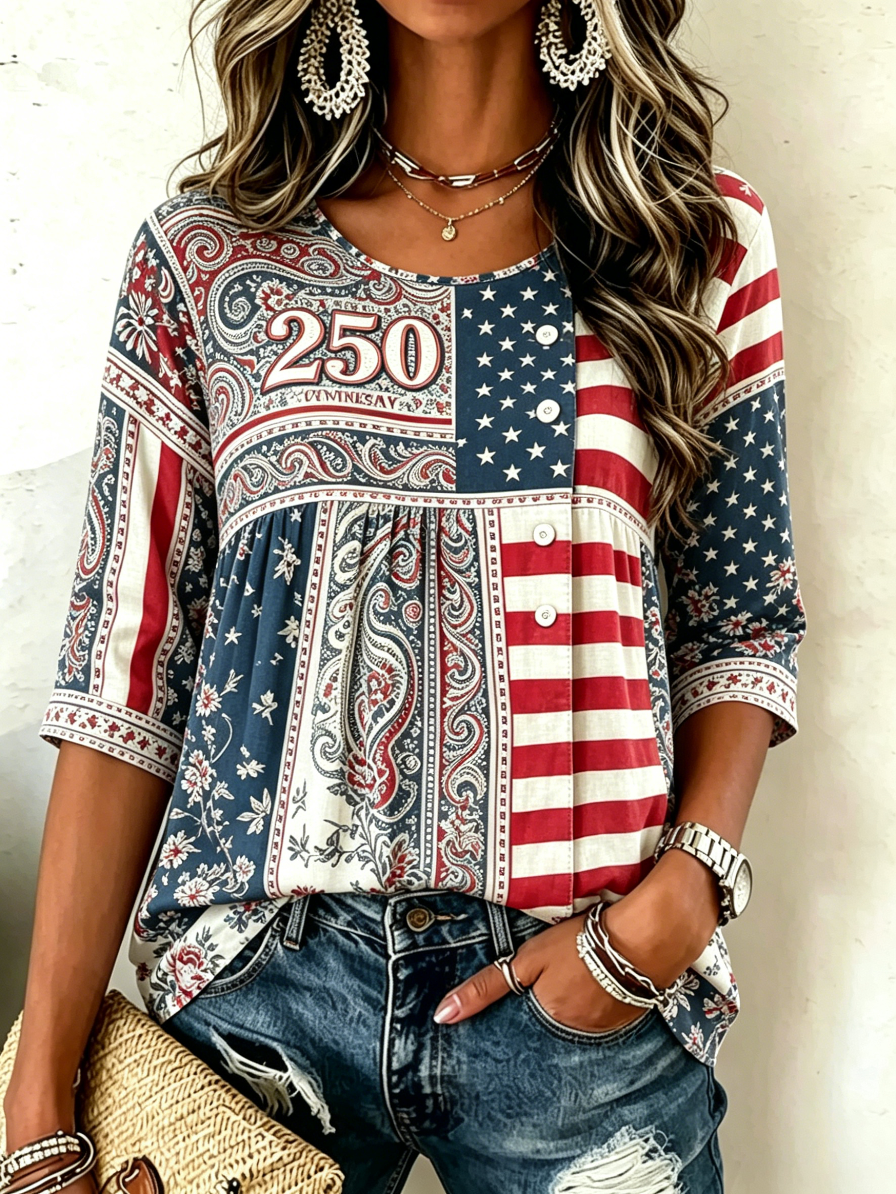 Patchwork Mixed Patriotic Print Half Button 3/4 Sleeve Blouse for Women
