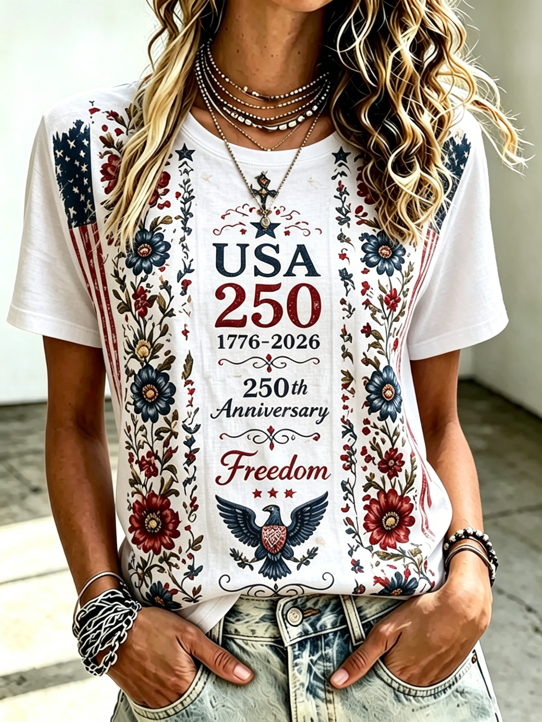 Women’s Retro Floral Vine Vertical Star Flag Eagle Heart Shield Print Crew Neck Short Sleeve Casual Patriotic T-Shirt