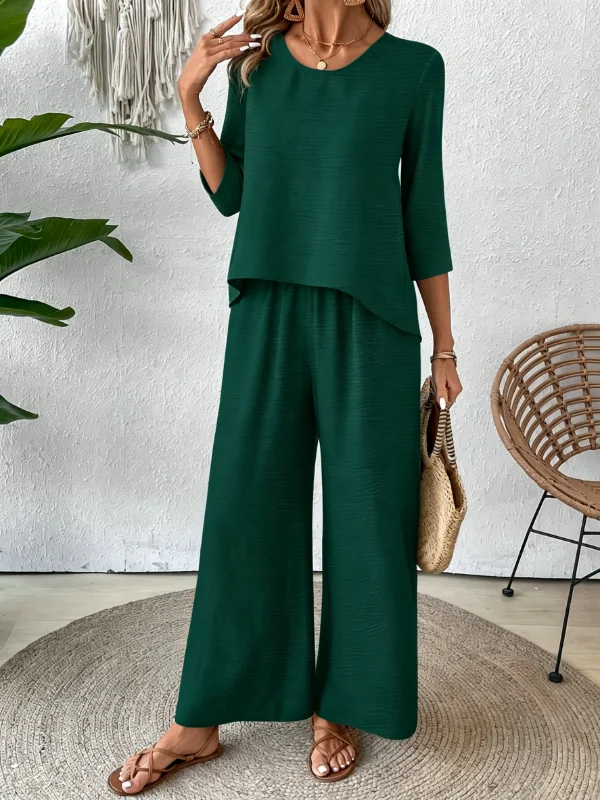 Minimalist Round Neck Three Quarter Sleeve Asymmetrical Hem Textured Top Elastic Waist Wide Leg Pant Two Piece Women Outfit