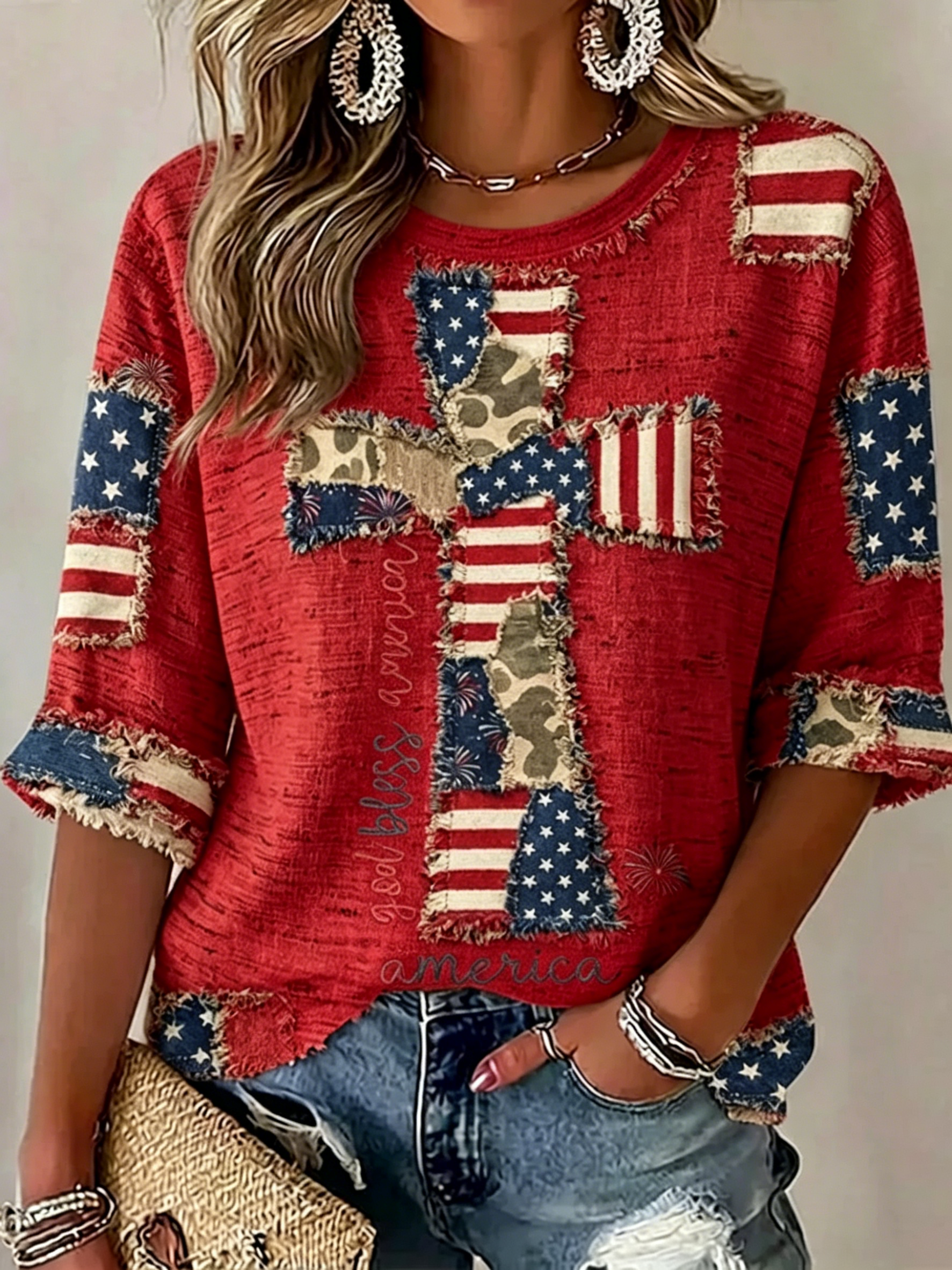 Cross USA Flag Patch Fringe God Bless America Print 3/4 Sleeve Tee