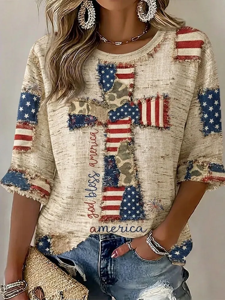 Cross USA Flag Patch Fringe God Bless America Print 3/4 Sleeve Tee