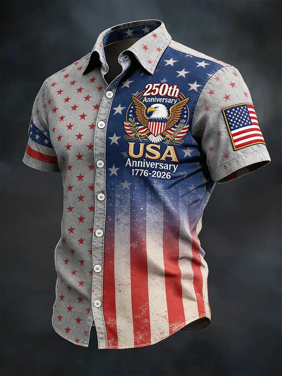 USA 250th Anniversary Denim Button-Down Shirt – Vintage American Flag & Eagle Print, Patriotic Short Sleeve Casual Top