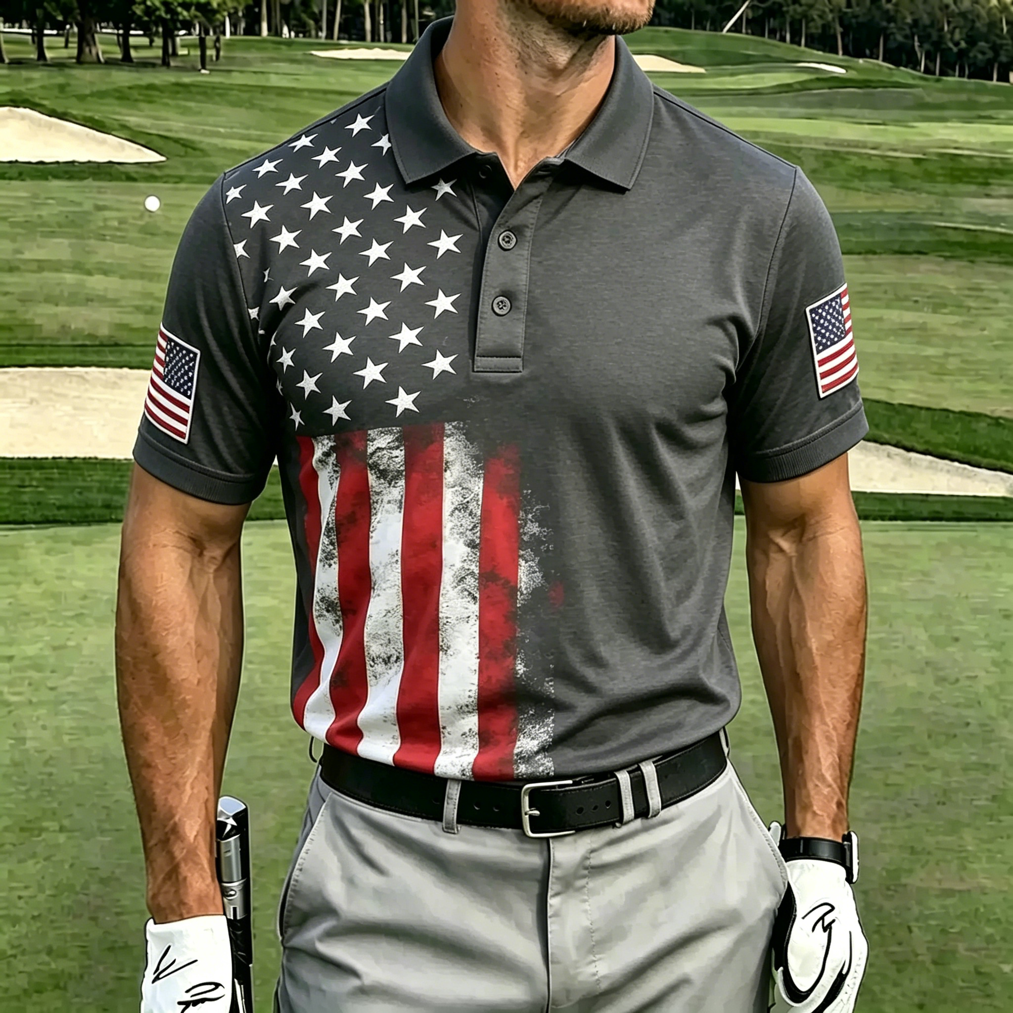 America Patriotic Golf Polo Shirt – Navy Blue with Presidential Seal & Diagonal Print, Patriotic Performance Top