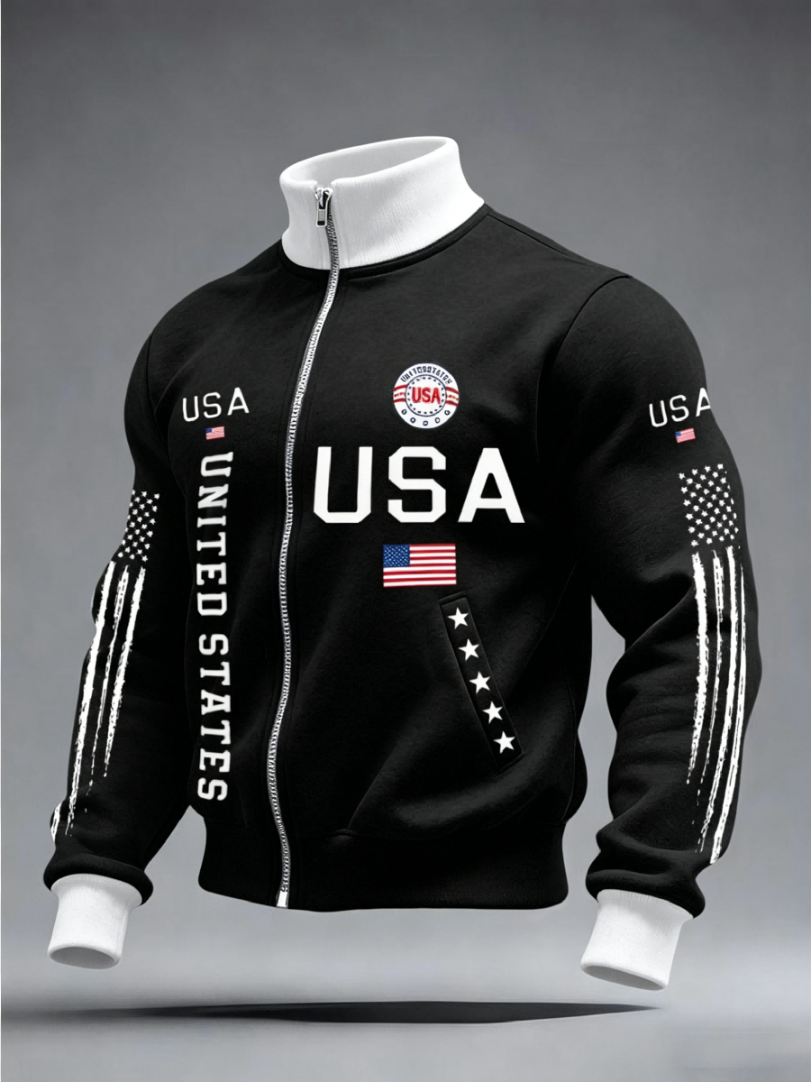 Men's USA Flag Print Full-Zip Track Jacket, Patriotic  Stand Collar Casual Sweatshirt