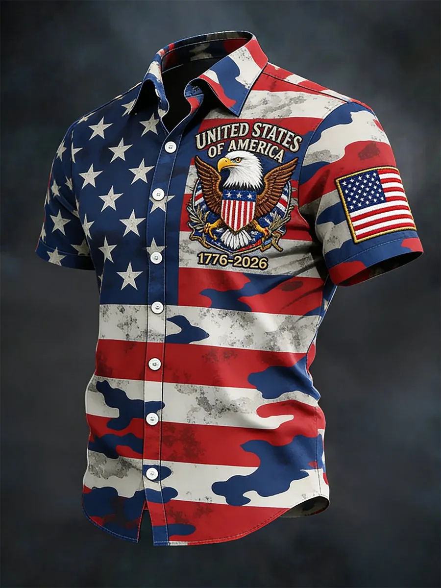 USA 250th Anniversary Denim Button-Down Shirt – Vintage American Flag & Eagle Print, Patriotic Short Sleeve Casual Top