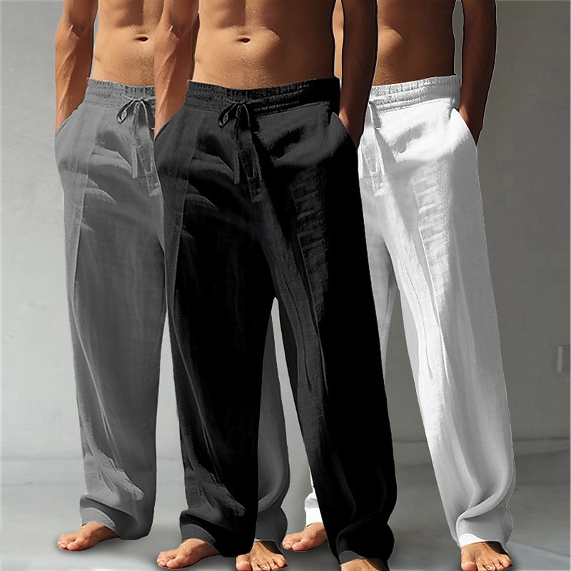 Men's Linen Pants Trousers Summer Pants Baggy Pants Beach Pants Drawstring Elastic Waist Straight Leg Plain Comfort Breathable Knee Length Outdoor Casual Daily Vacation Classic Style White+Black+Gray 2026 - $44.99 &ndash;P13