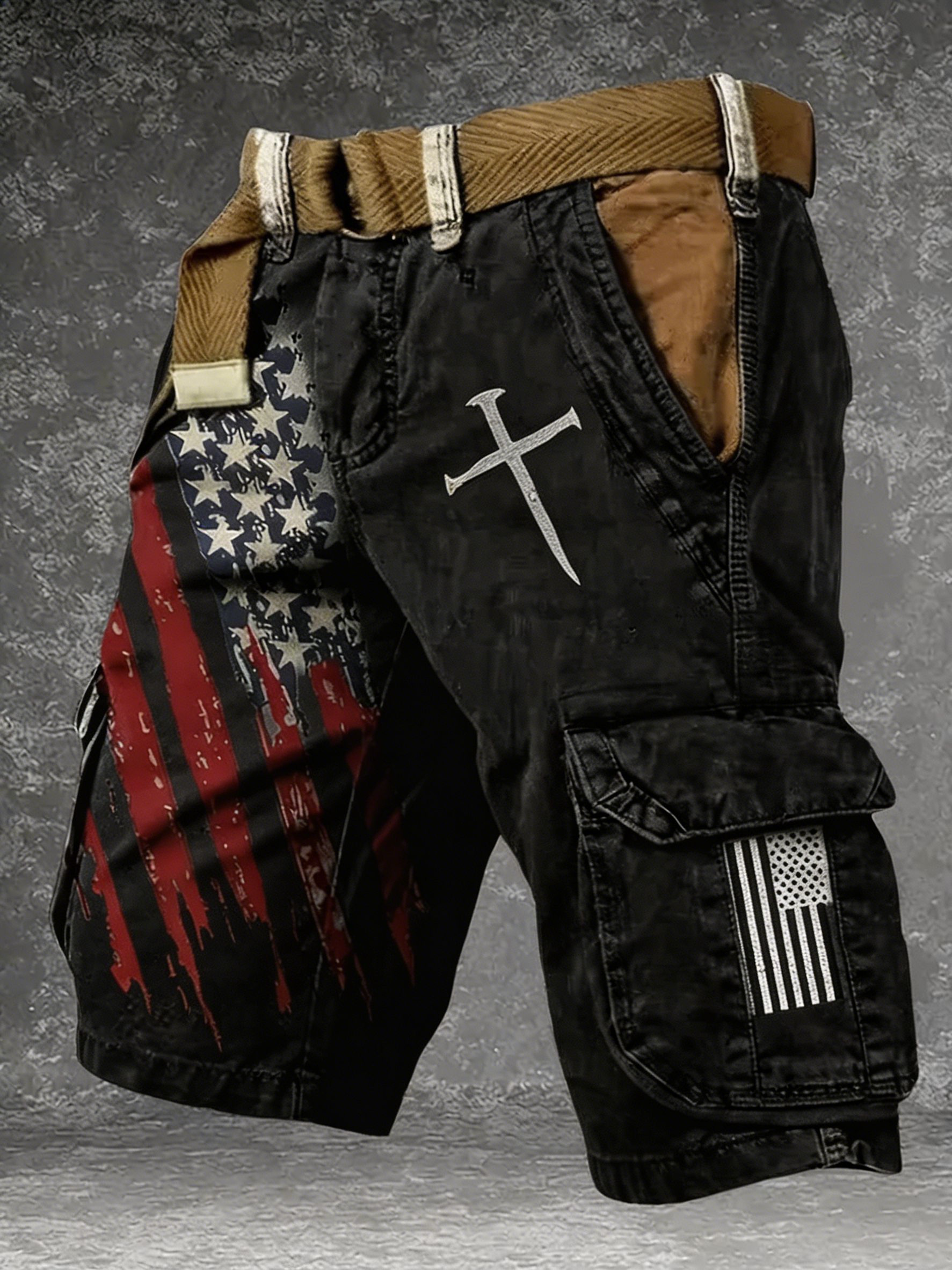 Patriotic Distressed Cargo Shorts, USA Flag Cross Graphic Multi-Pocket Casual Shorts