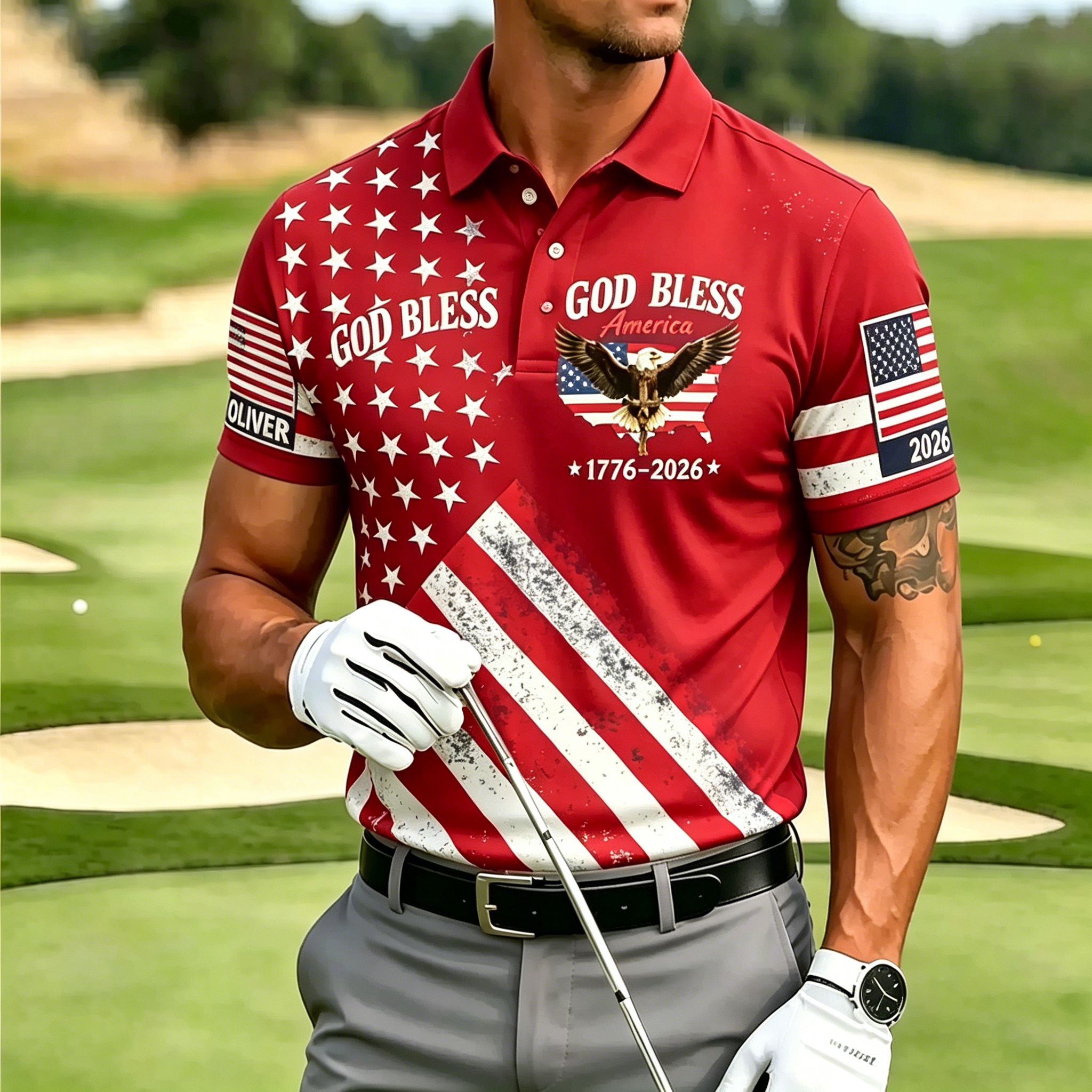 Men's God Bless America Eagle USA Flag 1776-2026 Patriotic Short Sleeve Polo Shirt