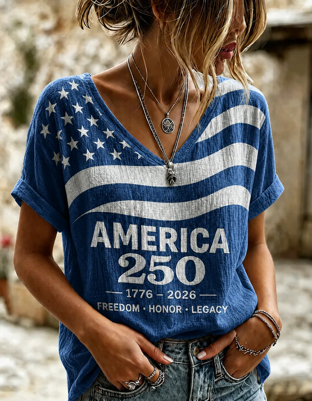 Women Crinkled Textured USA Flag America 250 Patriotic V Neck Short Sleeve T-Shirt