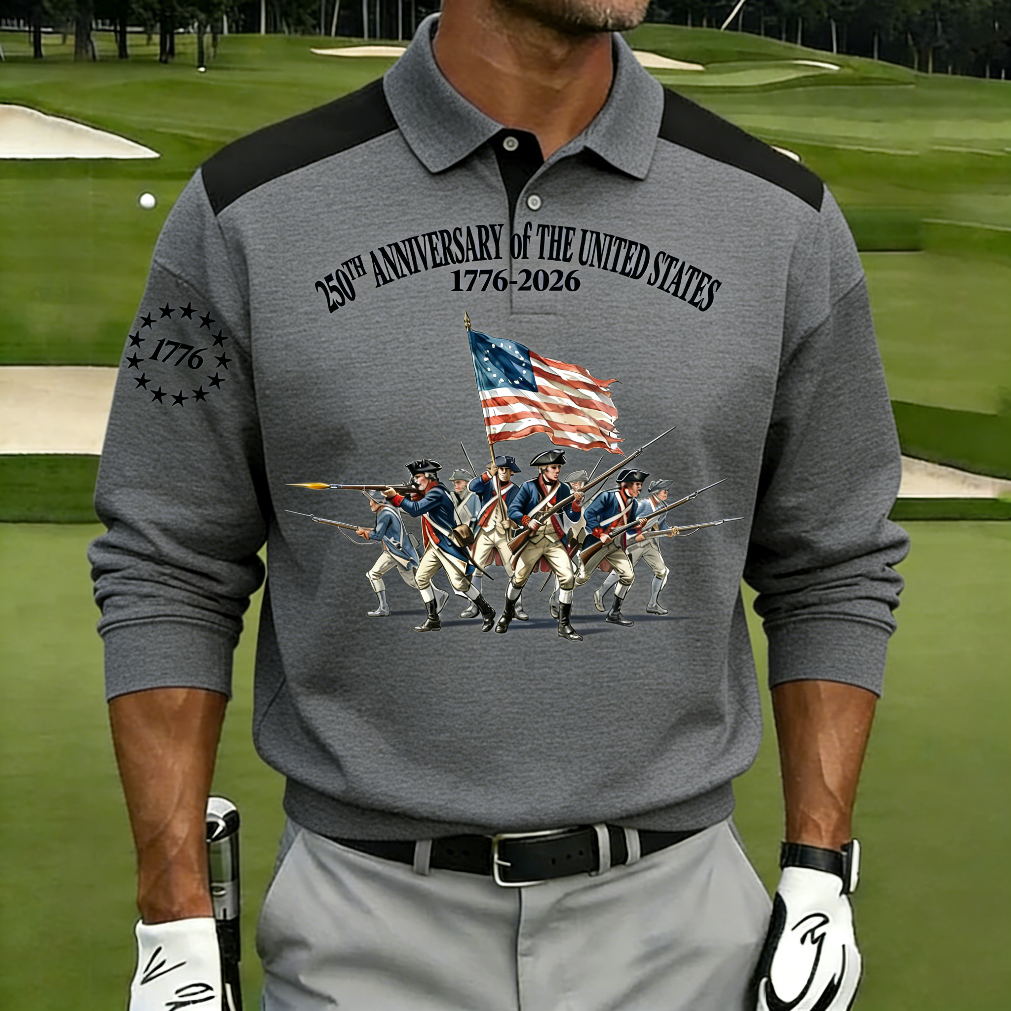 Men's 250th Anniversary US Revolutionary Soldier Polo Shirt | Patriotic Short Sleeve Golf Tee