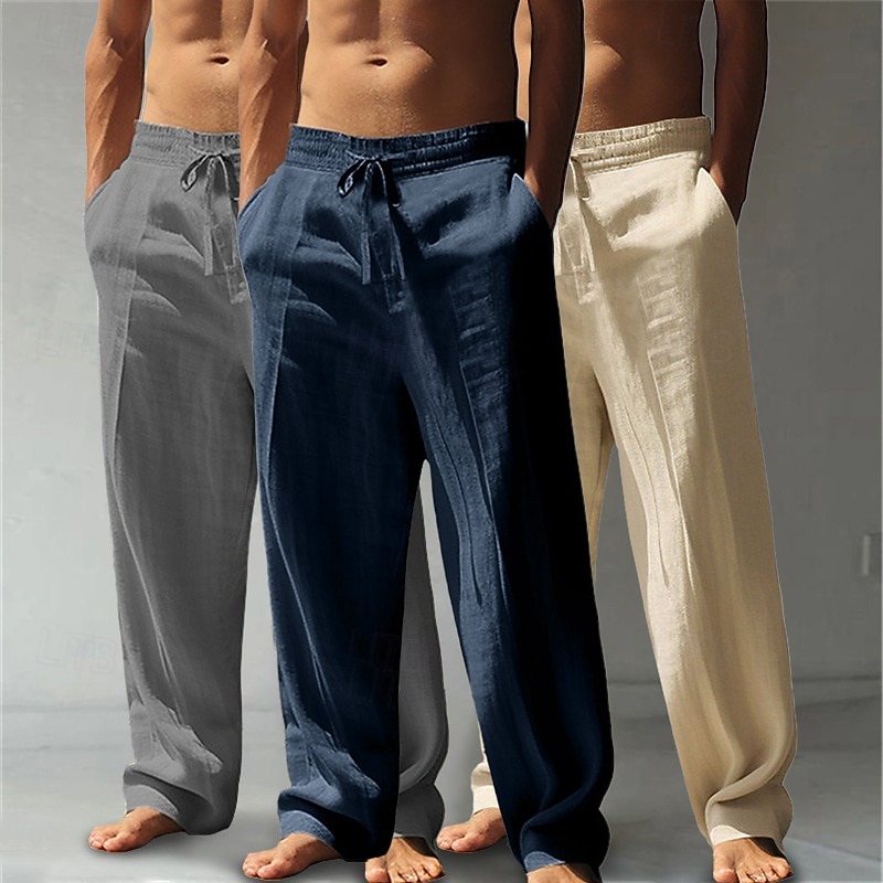Men's Linen Pants Trousers Summer Pants Baggy Pants Beach Pants Drawstring Elastic Waist Straight Leg Plain Comfort Breathable Knee Length Outdoor Casual Daily Vacation Classic Style White+Black+Gray 2026 - $44.99 &ndash;P14