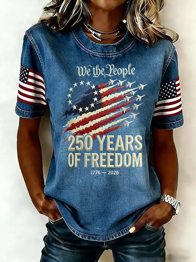 Retro Distressed Patriotic Flag Star Jet Print USA Flag Sleeve Patch Crew Neck Casual Tee