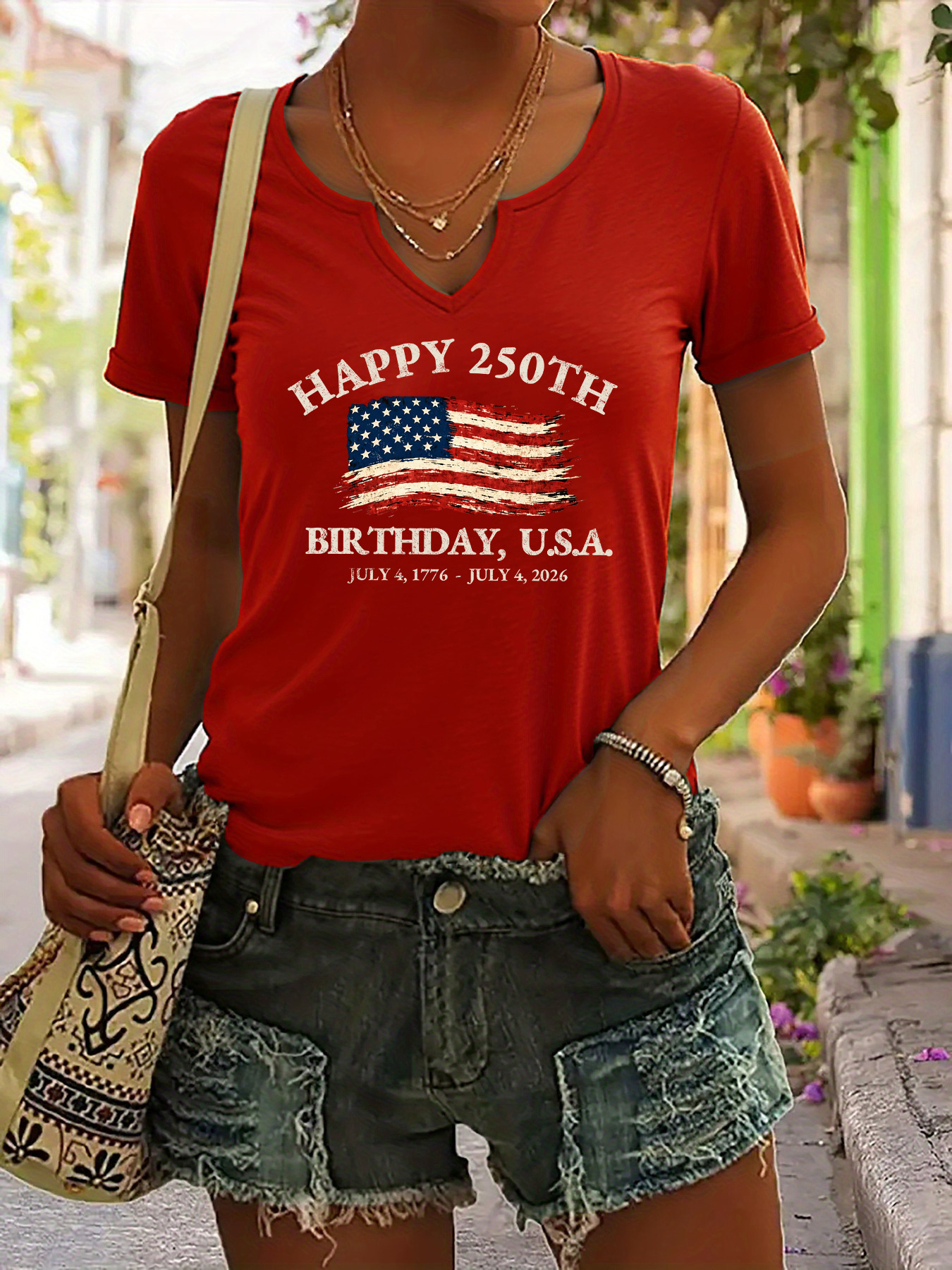 USA 250th Birthday V-Neck T-Shirt – "Happy 250th Birthday, U.S.A." with Distressed American Flag Print, Casual Green Short Sleeve Top