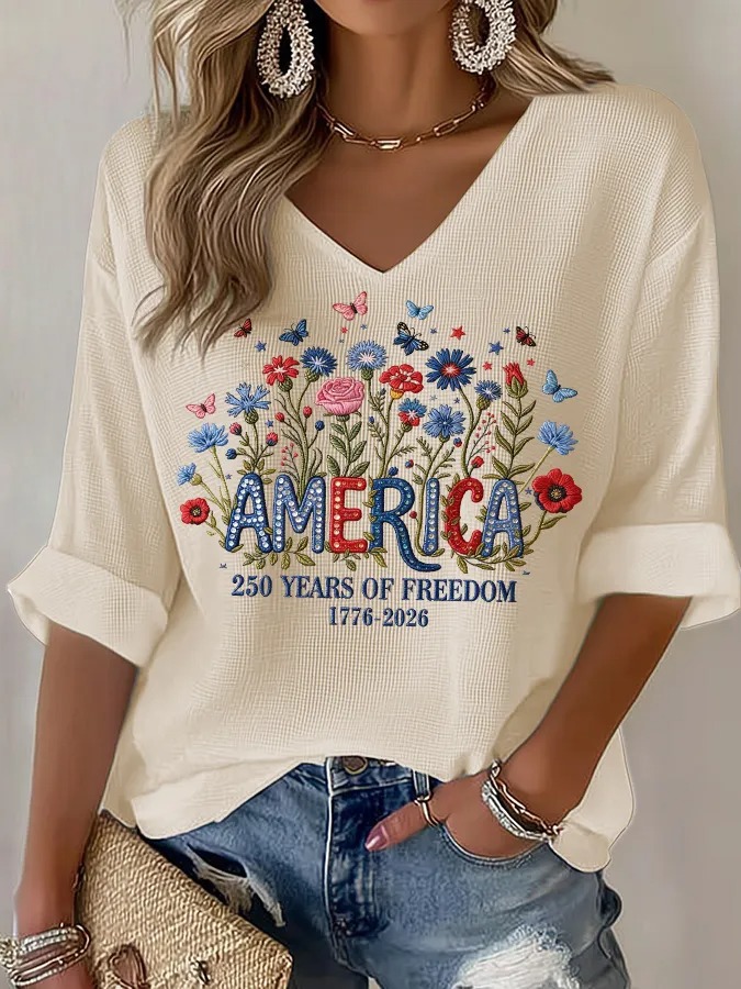 Women's "America 250 Years of Freedom" Floral Embroidered V-Neck T-Shirt