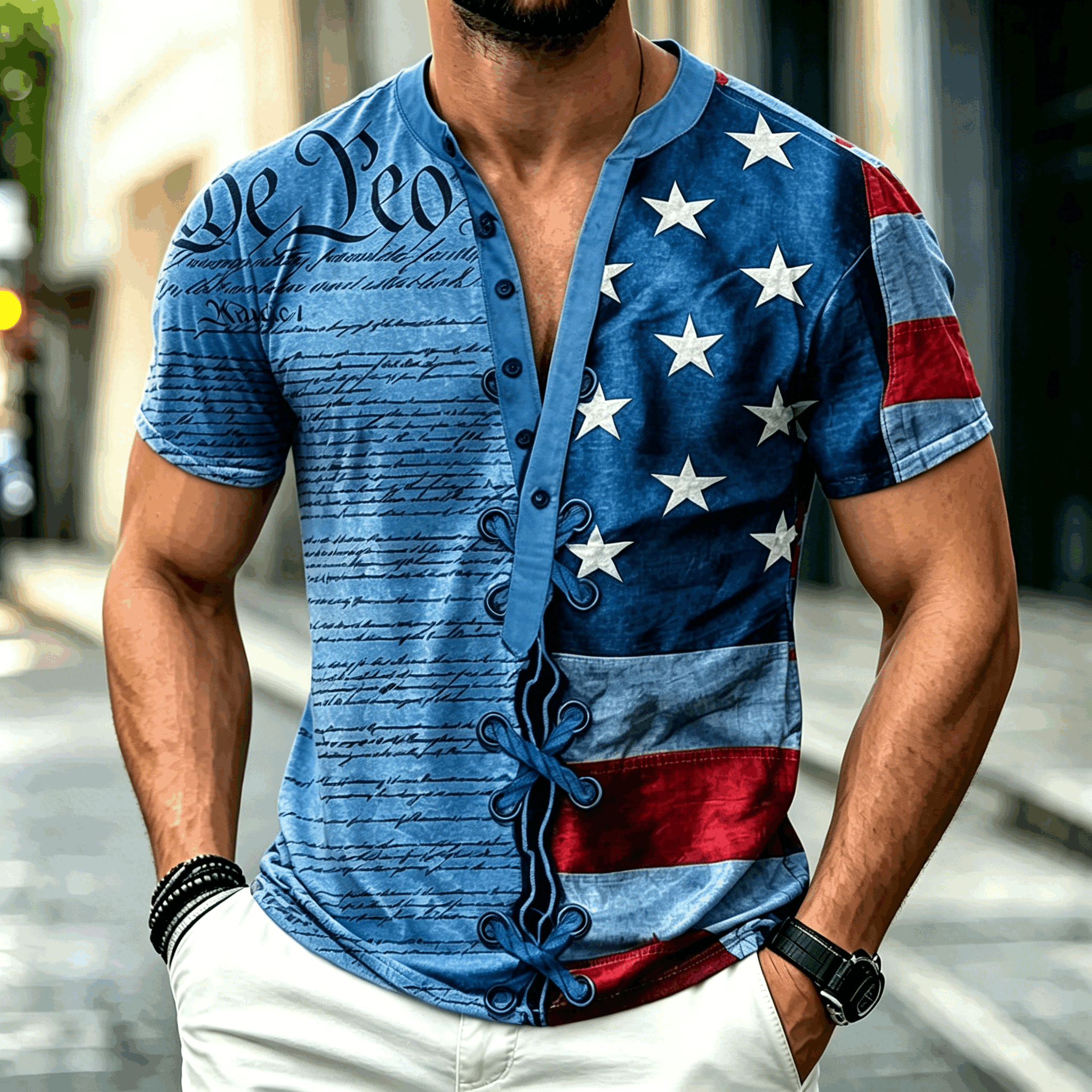 Vintage We The People American Flag Men Lace Up Henley Short Sleeve Shirt