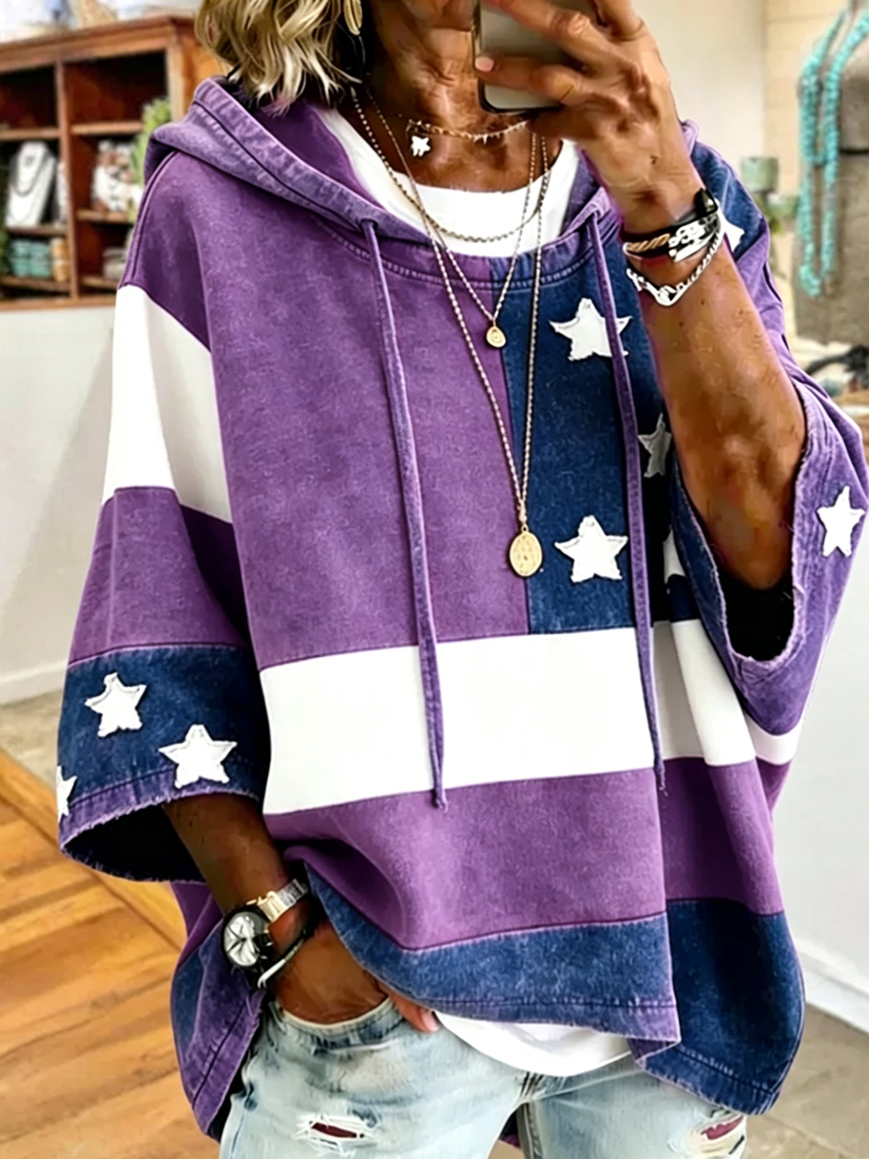 Color Block Star Patchwork Hooded 3/4 Sleeve Oversized Casual Hoodie Tee