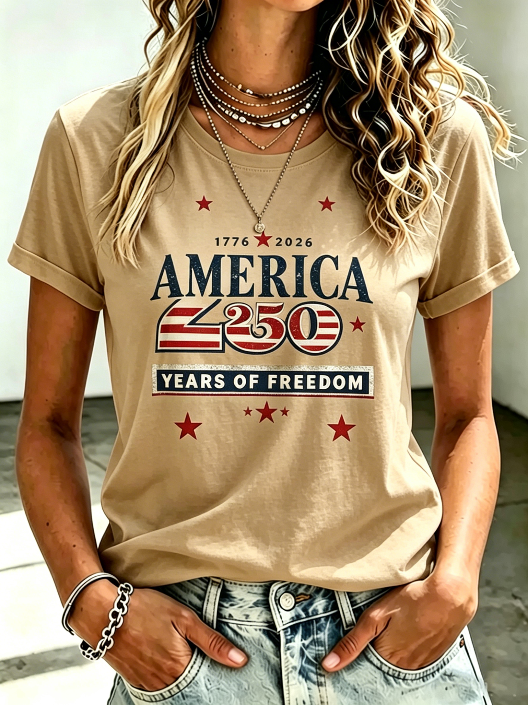 Vintage Distressed America 250 Years Of Freedom Flag Star Print Crew Neck Patriotic Casual Short Sleeve T-Shirt