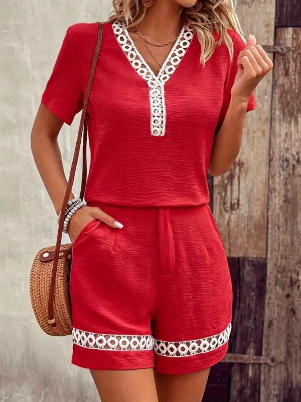 Casual Hollow Lace V Neck Short Sleeve Top and Drawstring Short Two Piece Matching Set Women