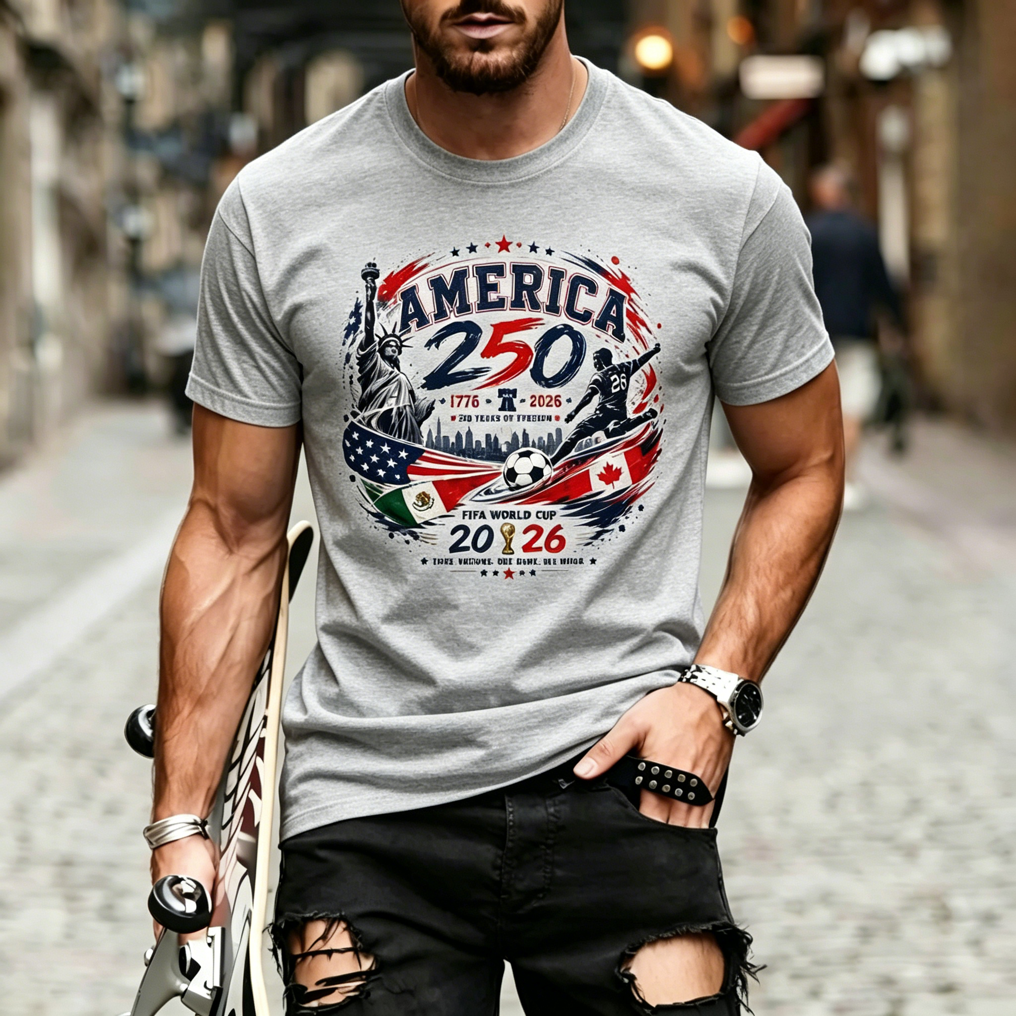 World Cup Soccer America Statue Liberty Three Country Flags Patriotic Crew Neck T-Shirt for Men
