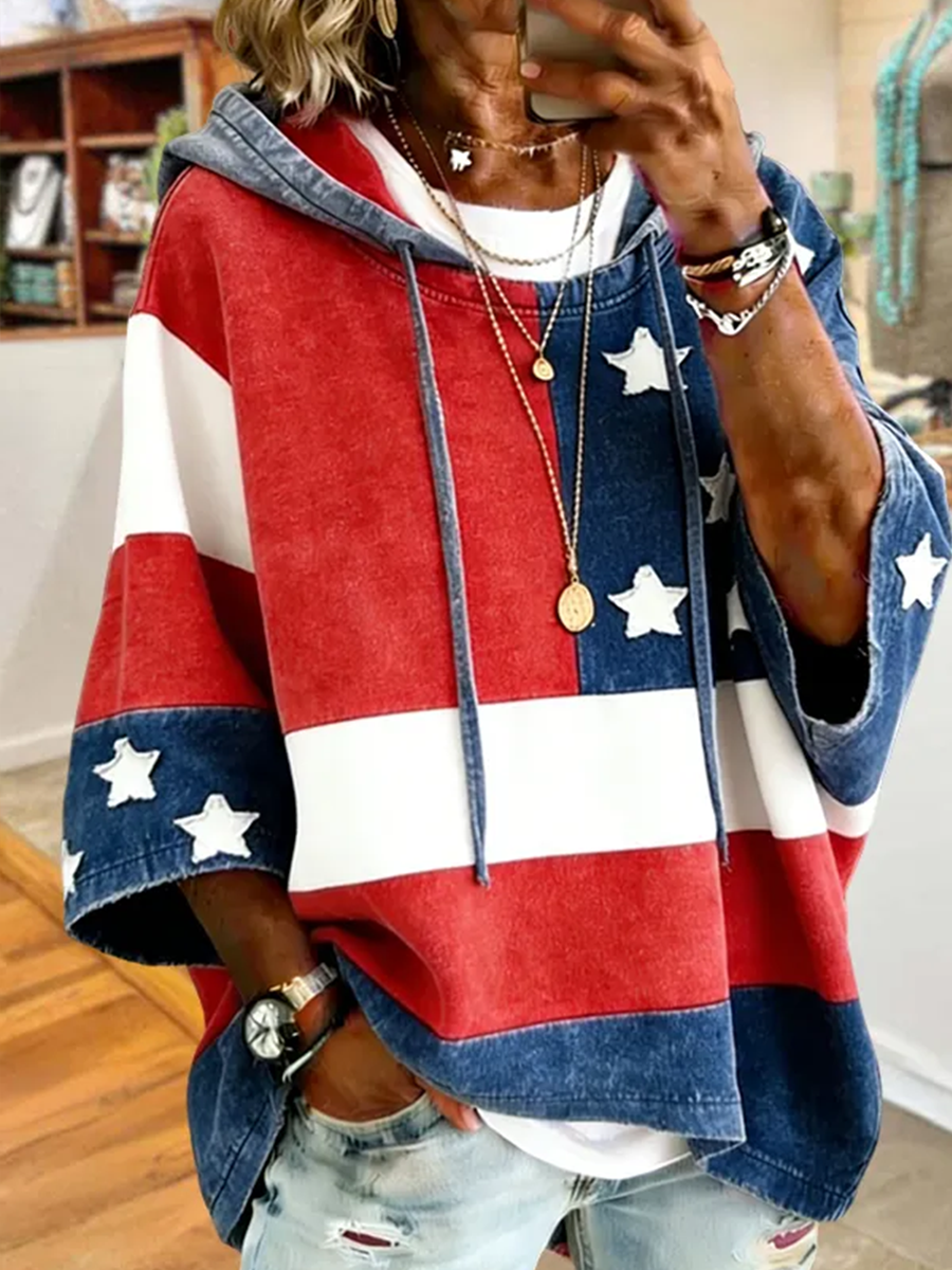 Color Block Star Patchwork Hooded 3/4 Sleeve Oversized Casual Hoodie Tee