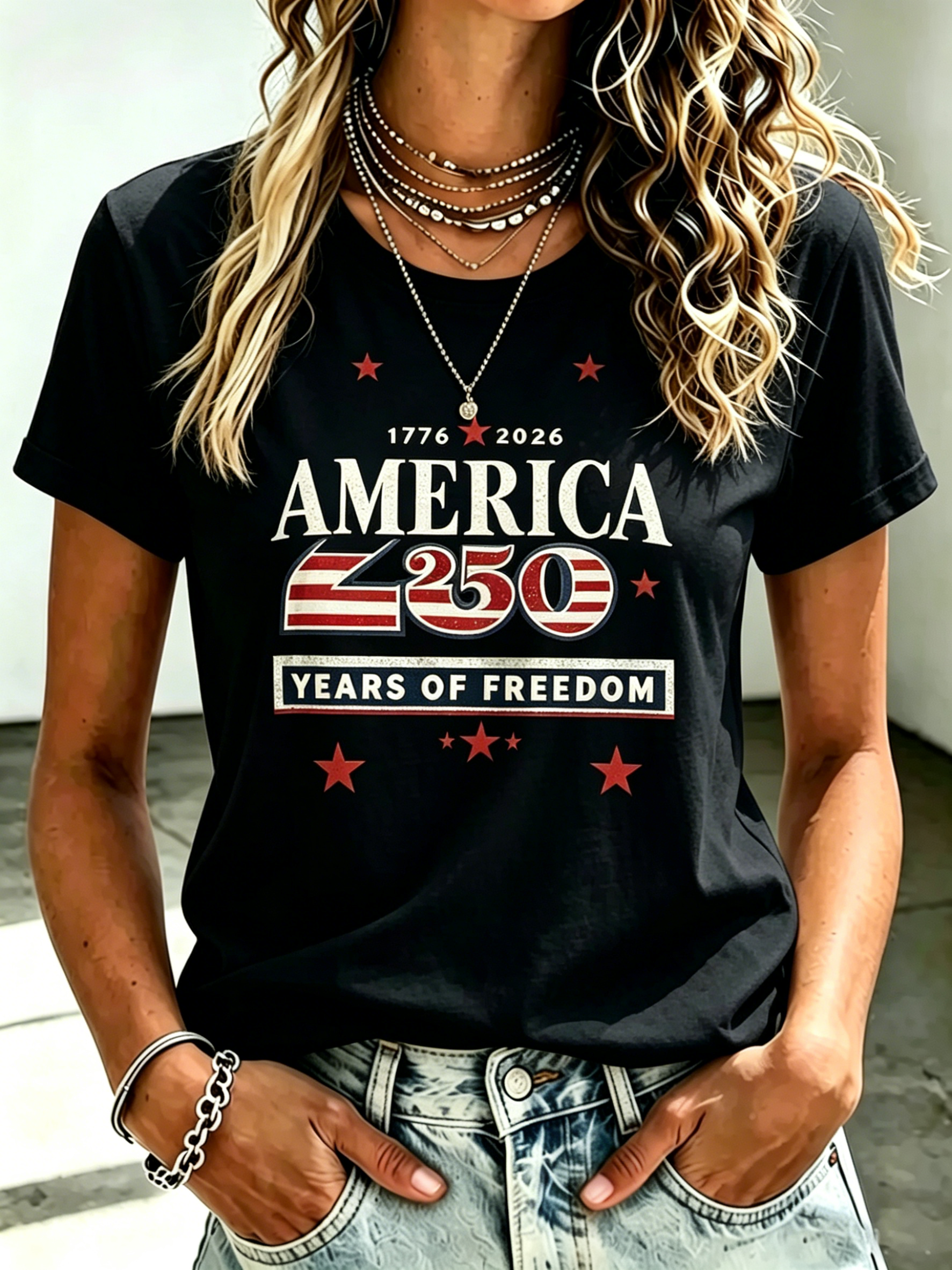 Vintage Distressed America 250 Years Of Freedom Flag Star Print Crew Neck Patriotic Casual Short Sleeve T-Shirt