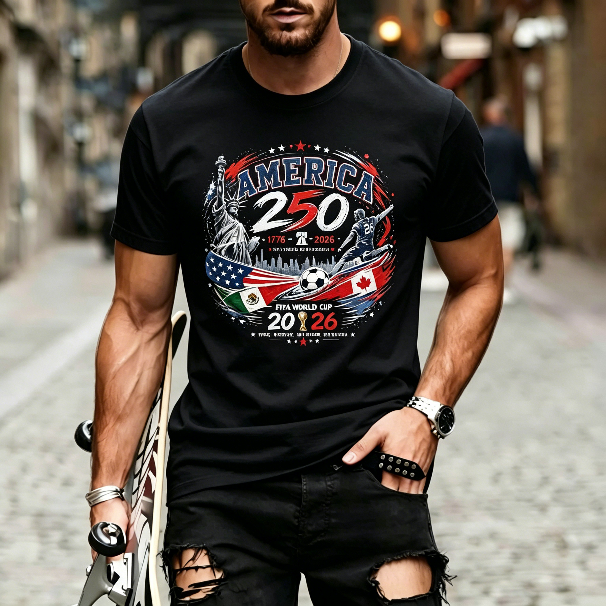 World Cup Soccer America Statue Liberty Three Country Flags Patriotic Crew Neck T-Shirt for Men