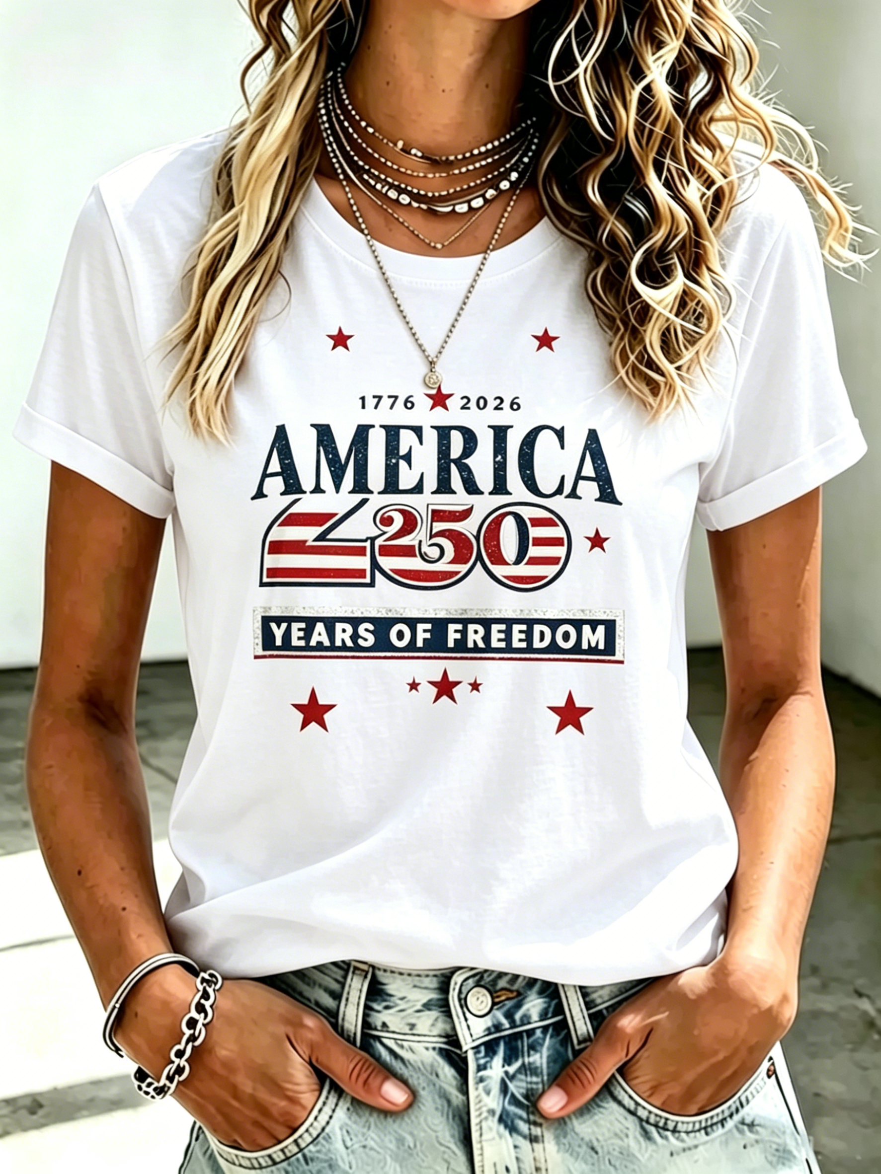 Vintage Distressed America 250 Years Of Freedom Flag Star Print Crew Neck Patriotic Casual Short Sleeve T-Shirt