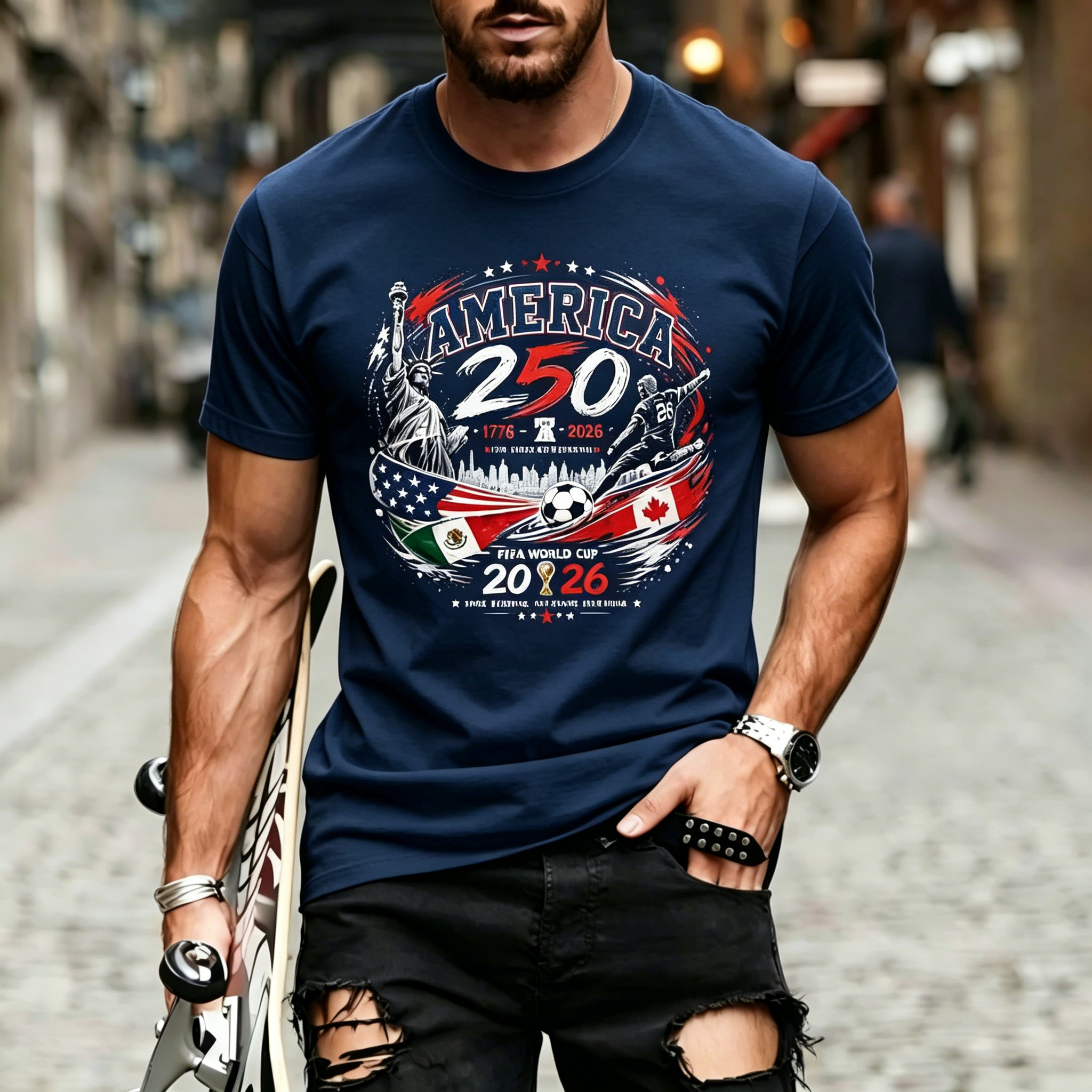World Cup Soccer America Statue Liberty Three Country Flags Patriotic Crew Neck T-Shirt for Men