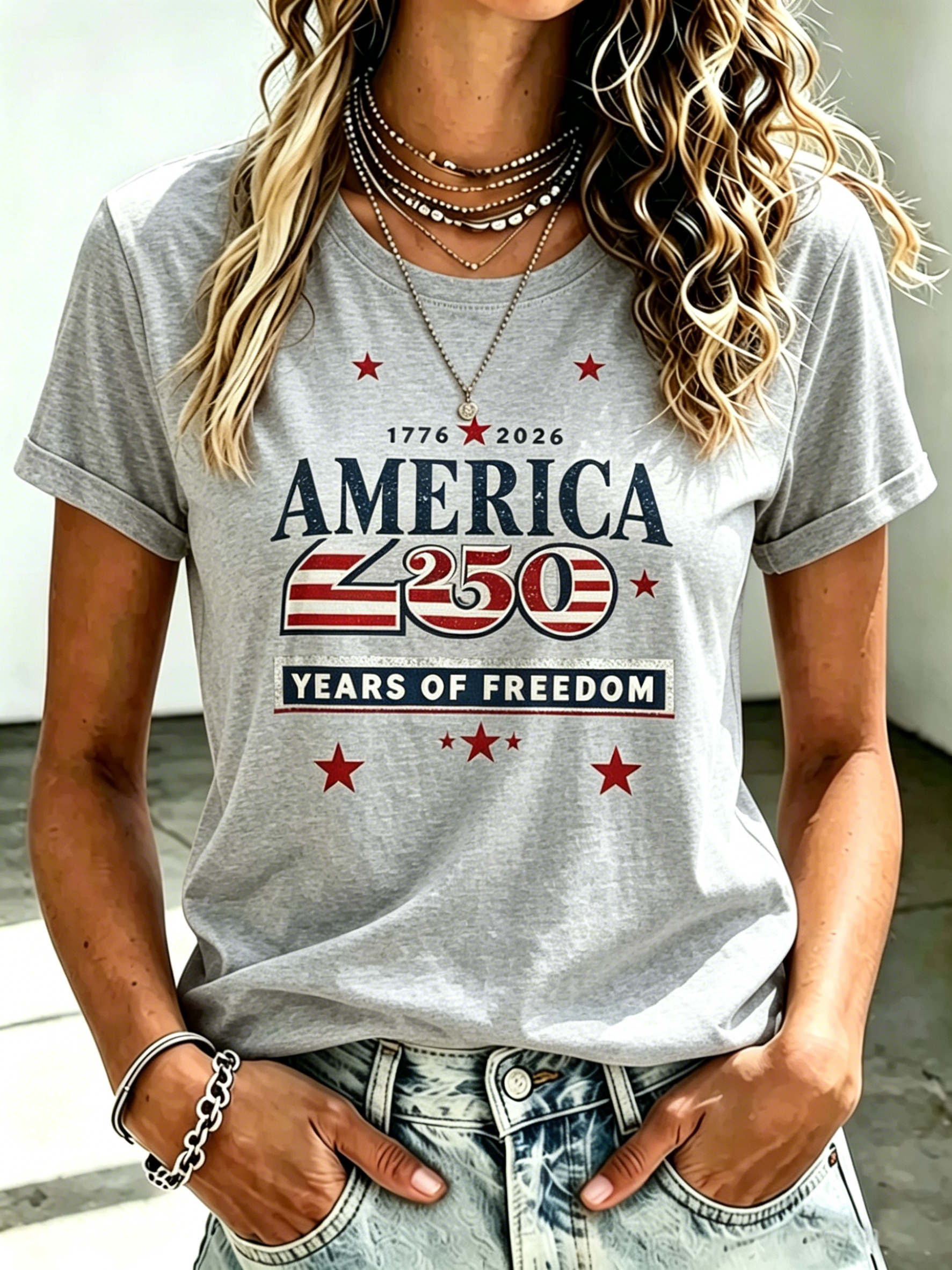 Vintage Distressed America 250 Years Of Freedom Flag Star Print Crew Neck Patriotic Casual Short Sleeve T-Shirt