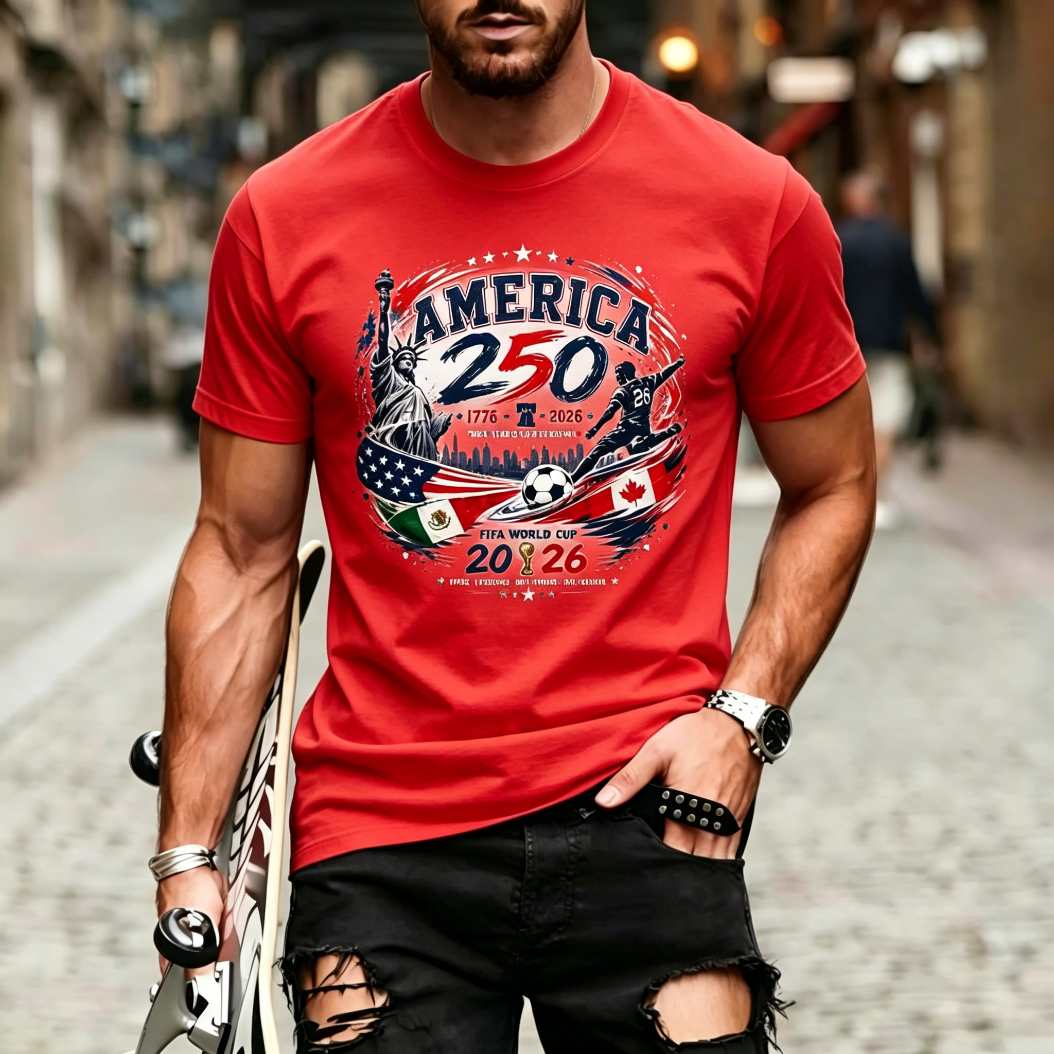 World Cup Soccer America Statue Liberty Three Country Flags Patriotic Crew Neck T-Shirt for Men