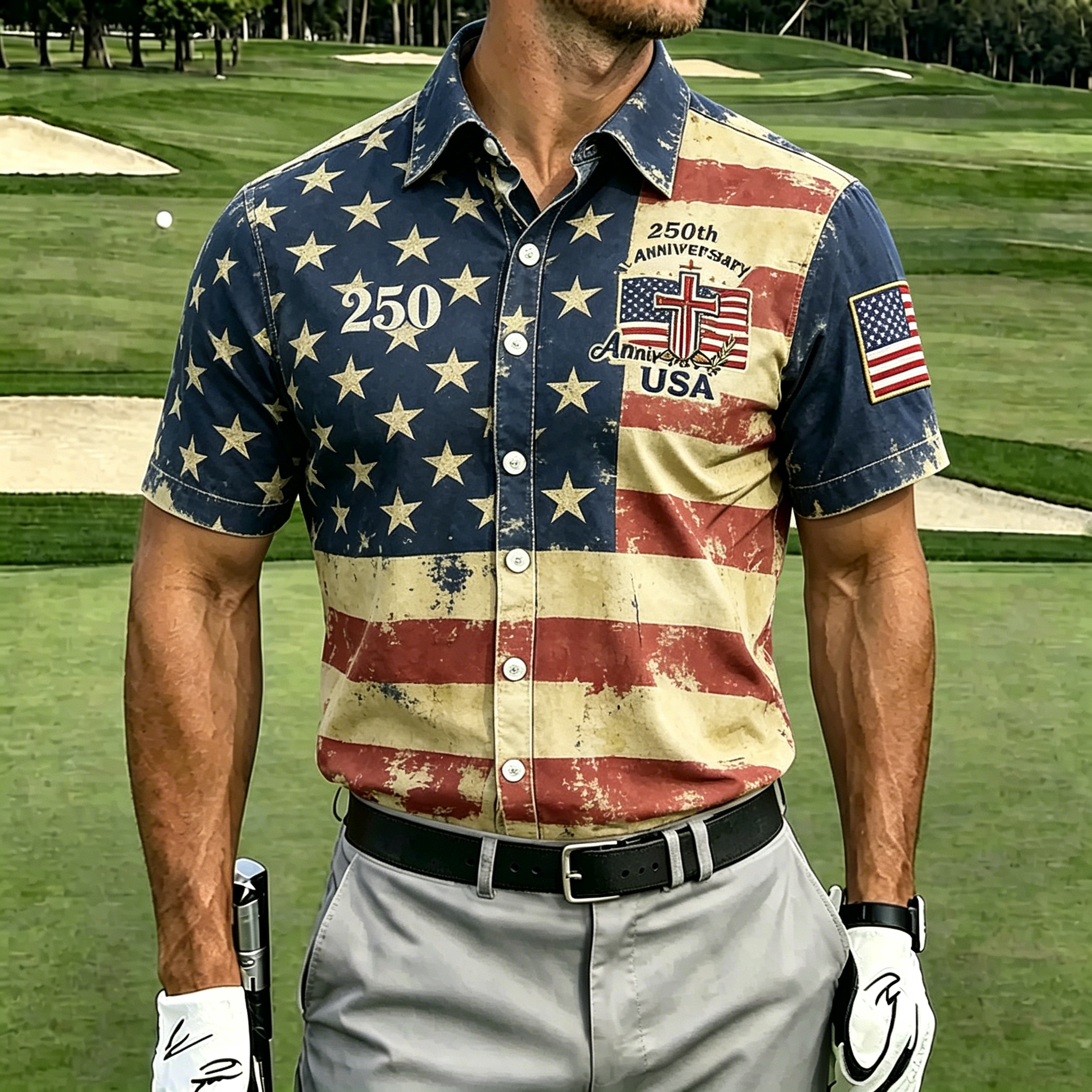 USA 250th Anniversary Denim Button-Down Shirt – Vintage American Flag & Eagle Print, Patriotic Short Sleeve Casual Top