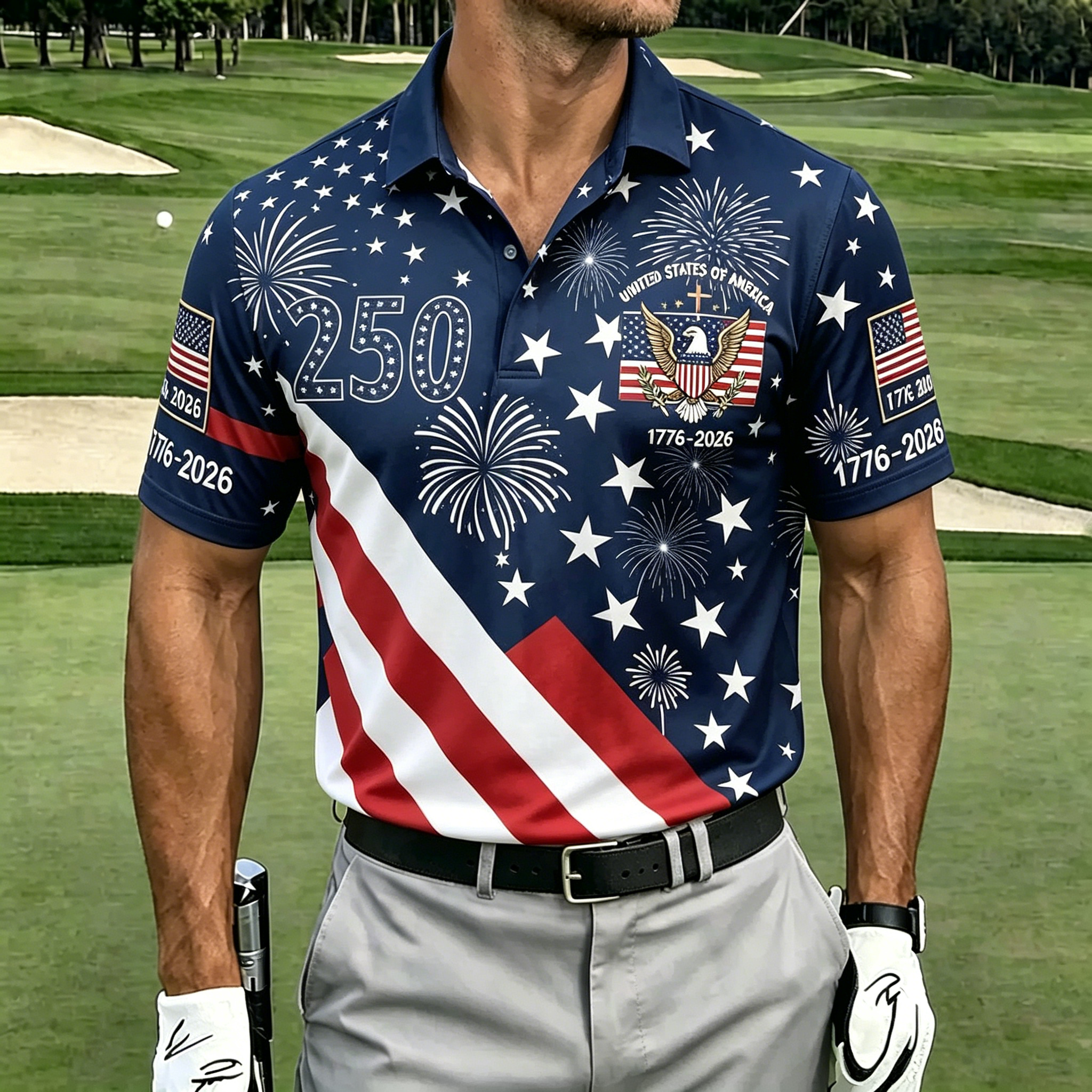USA 250th Anniversary Distressed American Flag Golf Polo Shirt | Tactical Eagle Patriotic Polo