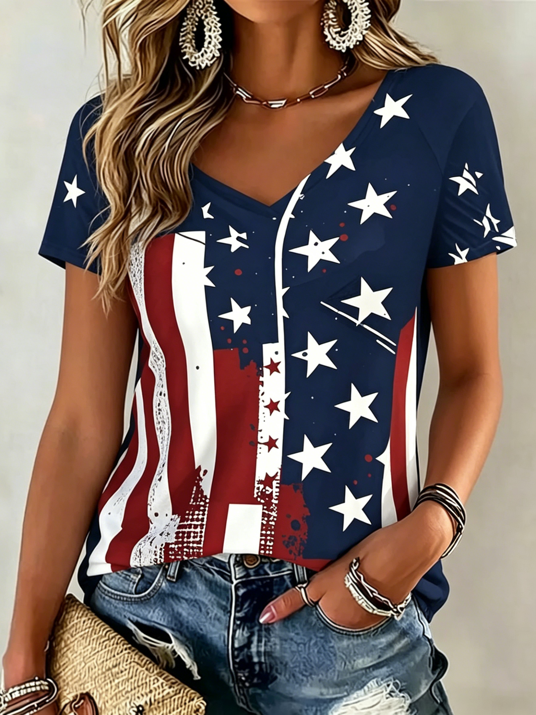 Retro American Flag Star Print V Neck Short Sleeve Casual T-Shirt for Women