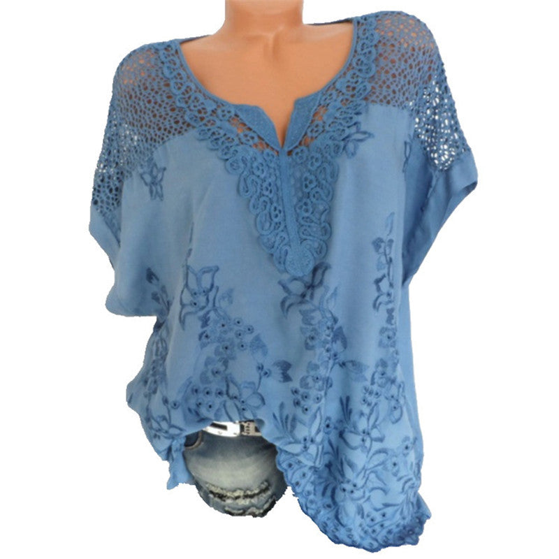 (S-6XL) Women's lace V-neck embroidered short sleeve Batwing